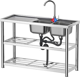 2-Compartment Commercial Sink, Stainless Steel Utility Sink with Dual-inlet Configuration Faucet Workbench & Storage, Free Standing Double Bowl for Restaurant, Garage, Shop, Outoor(47in)