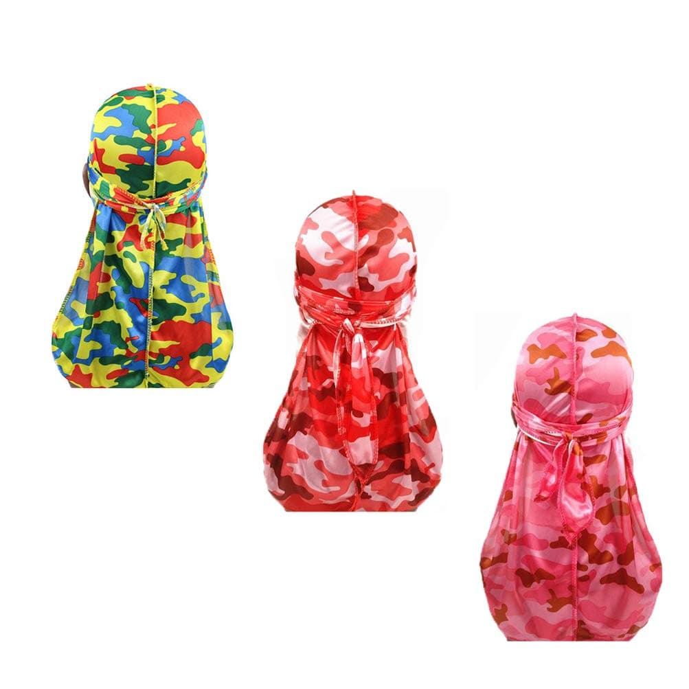 DIYMilitary Camouflage Premium Silky Durags with Long Tail Colorful 360 Waves Doo rag for Men Du rag Cap (3/4 Packed)