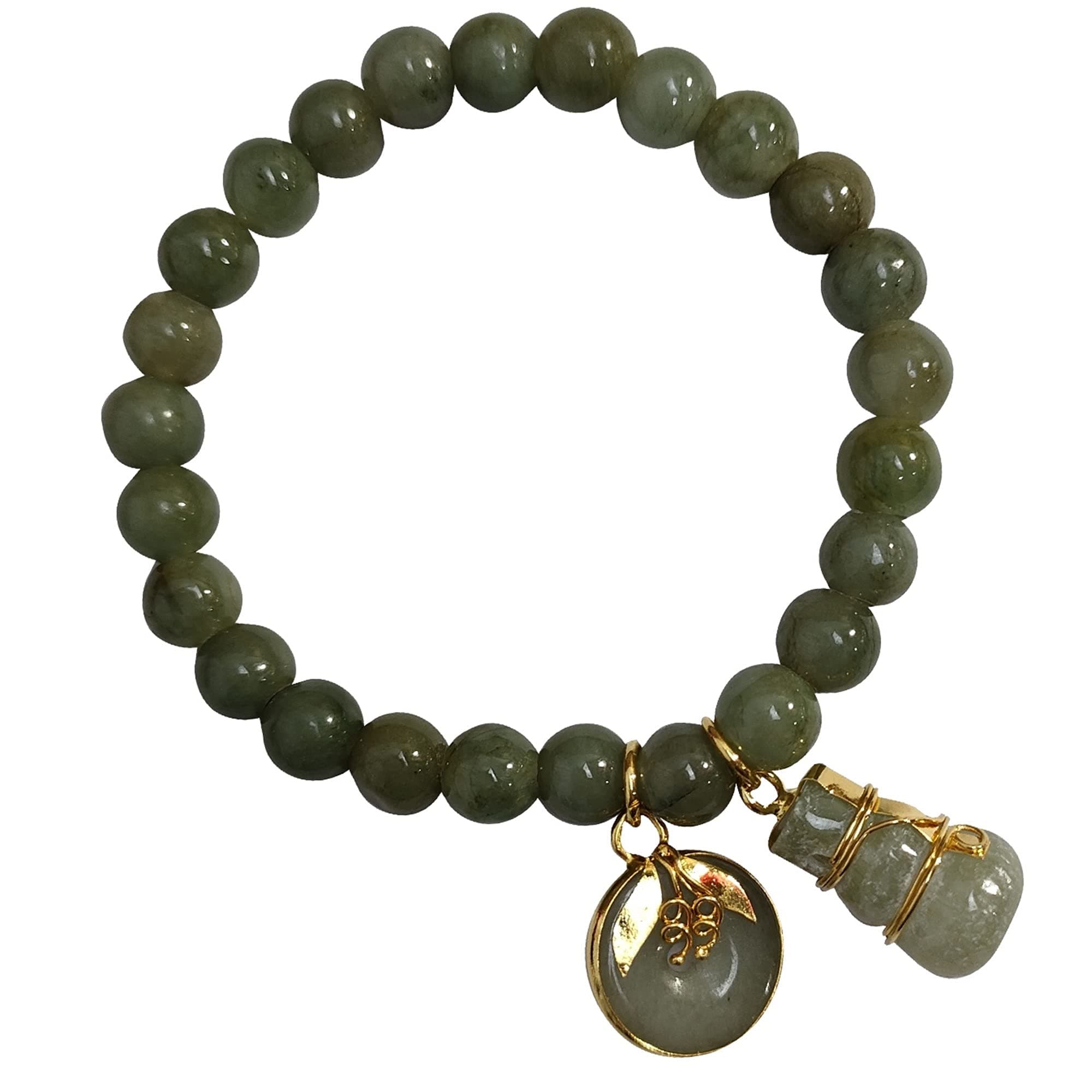 Natural Green Jade Bracelet – Genuine 8 mm Round Gem Bangle with Lucky Donut & Gourd Charms | Prosperity & Money Charm for Women & Teens