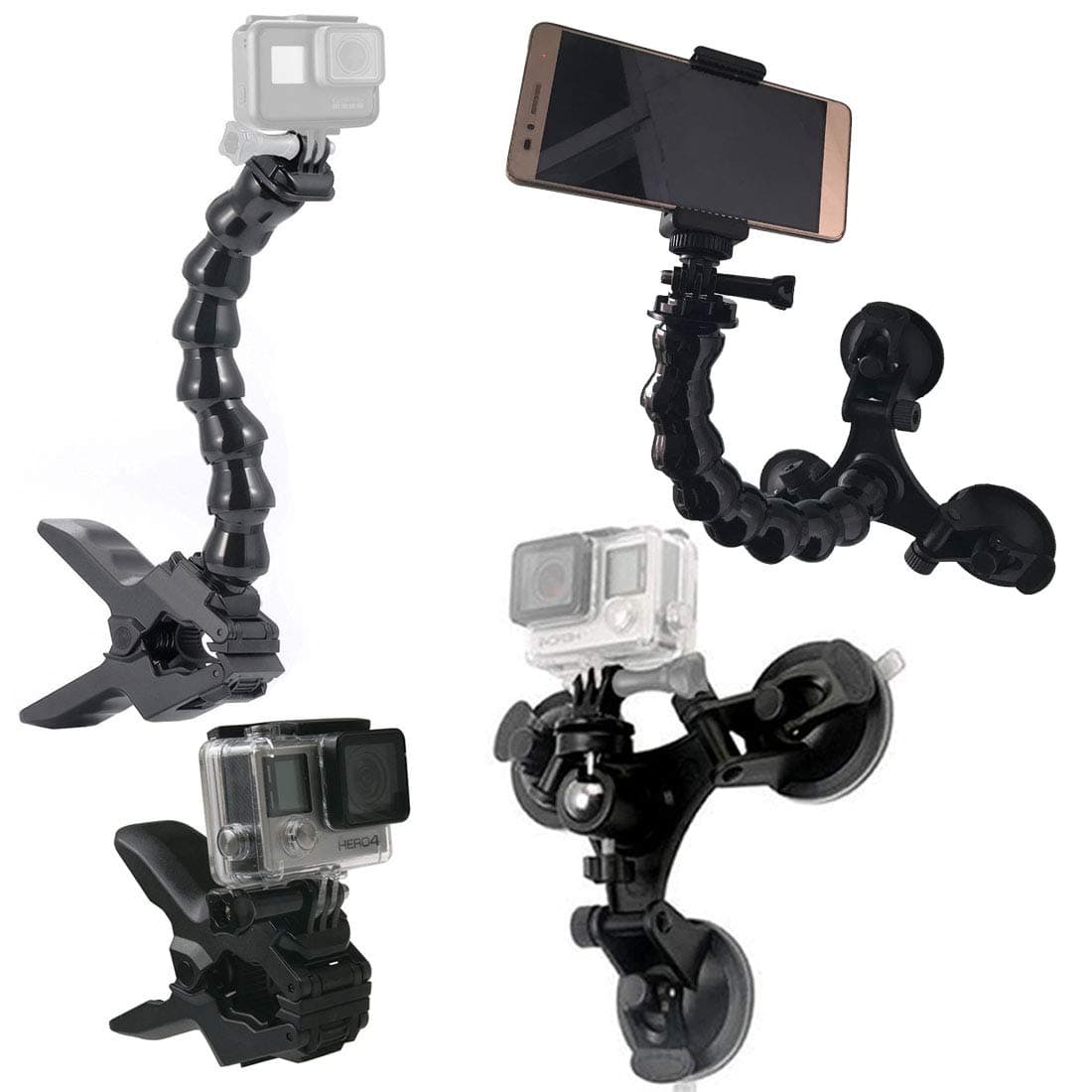 GreatCool Suction Cup Car Mount Holder with 360 Degree Mount+Jaws Flex Clamp Mount with Adjustable Gooseneck GoPro Camera Accessories for GoPro Fusion Hero 7 6 Session Xiaomi 4K Action Cam Cell Phone