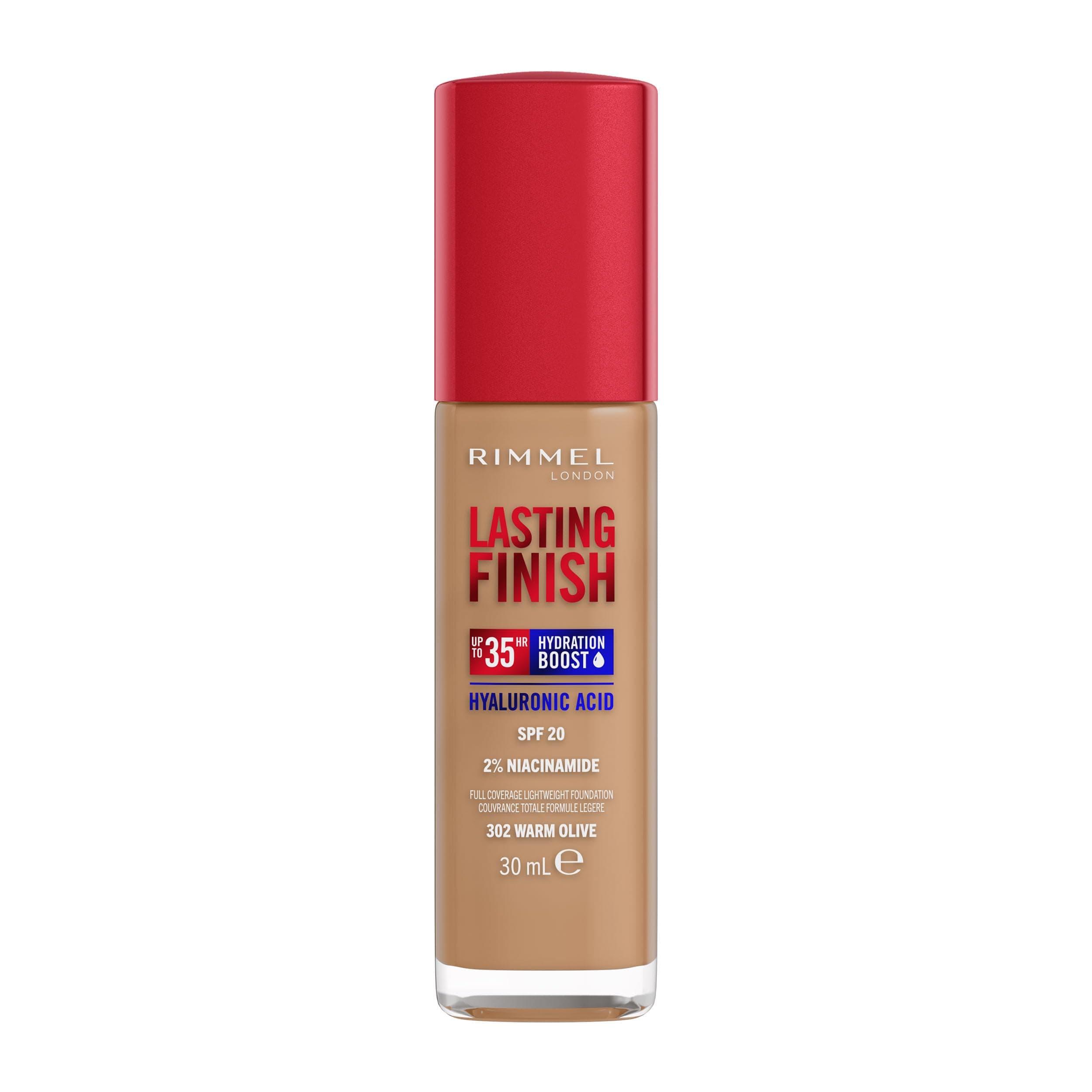 Lasting Finish 35Hr Foundation 302 Warm Olive, Full Coverage, Hydrating, SPF20, Hyaluronic Acid, Vitamin E, 2% Niacinamide, All Day Wear, Vegan, Cruelty Free