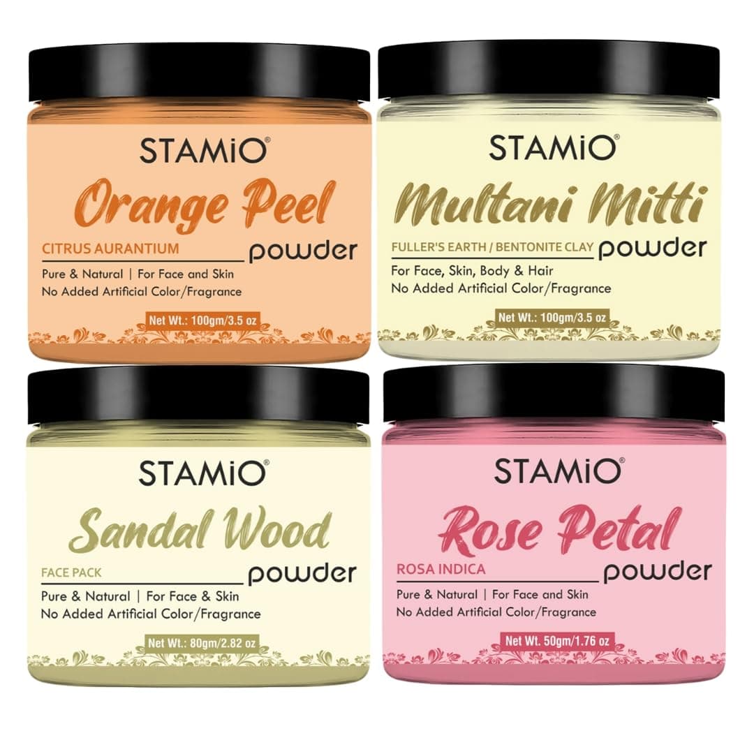 Skin Care 4 Products Combo - Orange Peel, Multani Mitti, Sandalwood Facepack and Rose Petal Powder for Face Pack, Mask, Cleansing, Acne, Pimples, Blackheads | Men & Women | In Jar - 330gm (100gm X 2 + 80gm + 50gm)