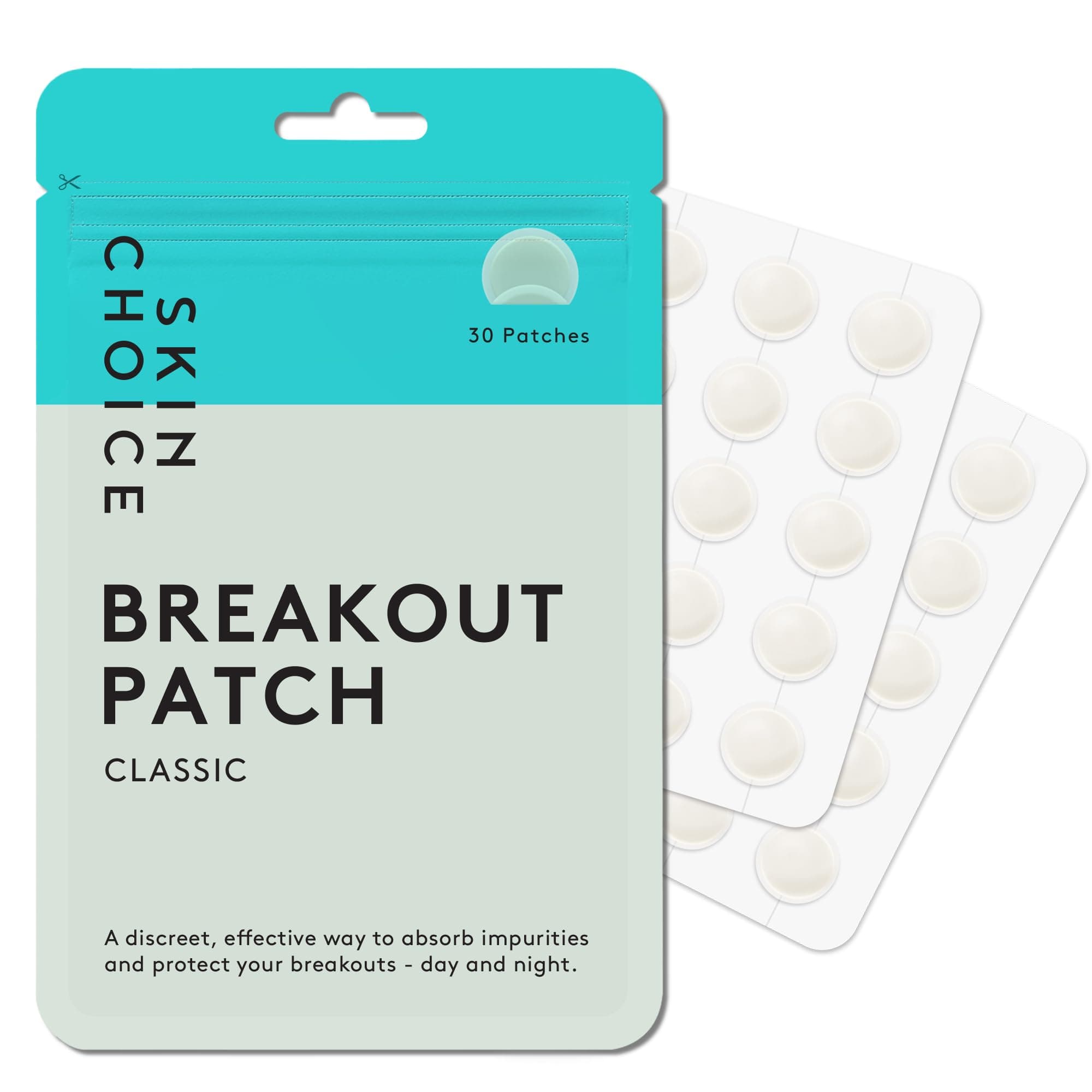SkinChoice Breakout Patch Classic - Pack of 30 - Hydrocolloid Pimple Patches - Vegan, Fragrance-free, Gluten-free, Latex-free, Parabens-free, Sulfates-free, Cruelty-free for Face and Body
