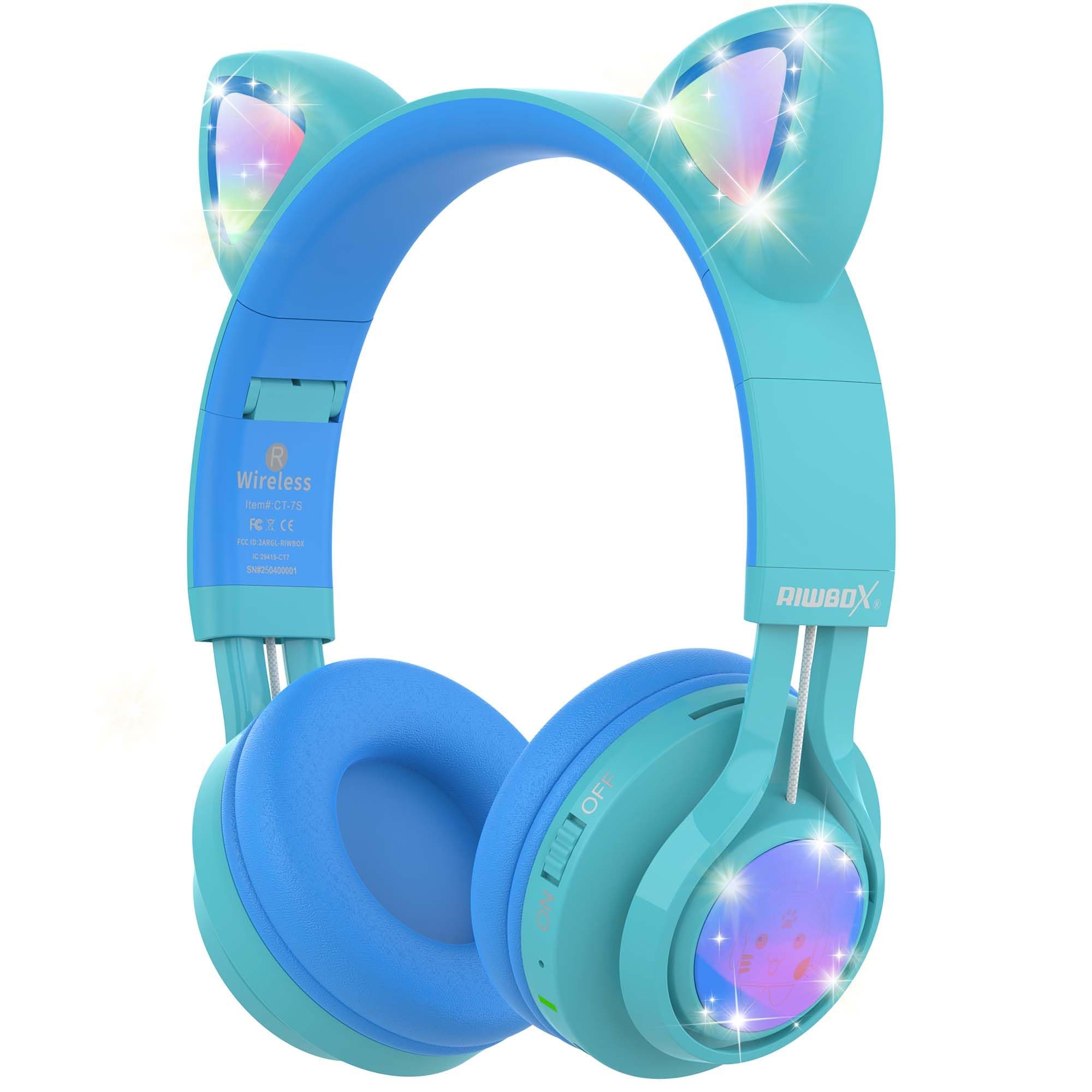 Riwbox Kids Headphones, CT-7S Cat Ear Bluetooth Headphones with LED Light, 85dB Volume Limiting, Over Ear with Microphone for Laptop/PC/TV (Blue & Green)