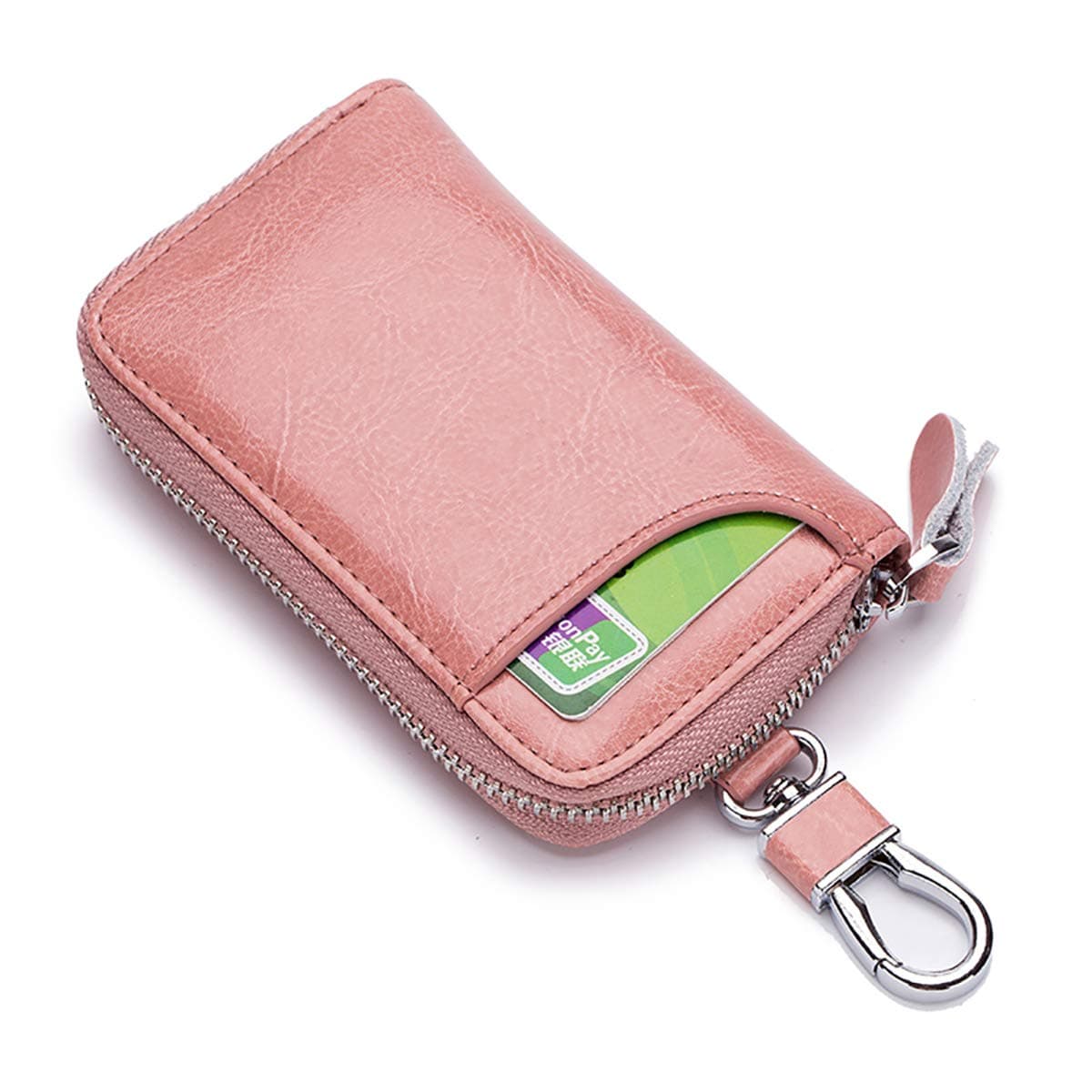 AilederZipped Leather Car Key Holder Case Bag Wallet Cover with Credit Card Holder Keychain Keyring (Pink)