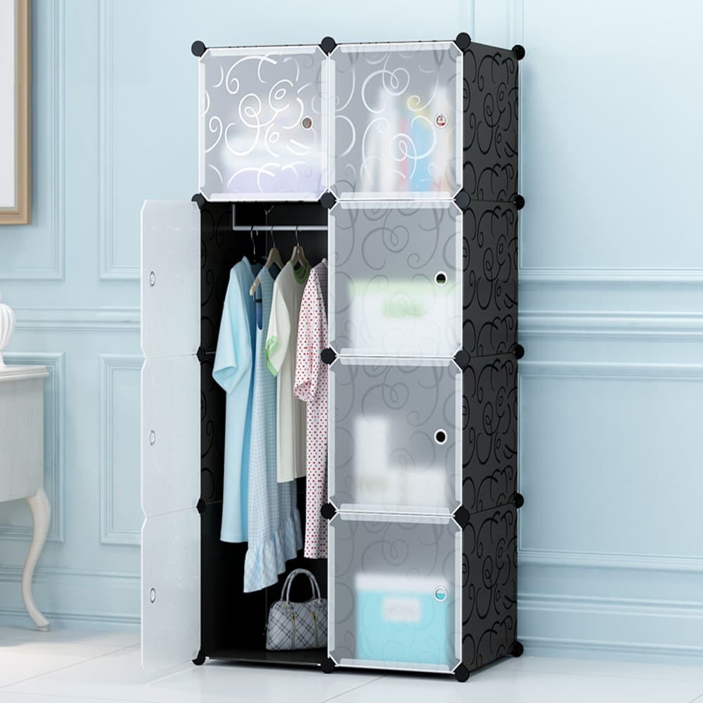 DIY Plastic Wardrobe Portable Clothes Storage Organiser Closet With Translucent Doors Storage Unit (10 Cubes 1 Hanger Section)