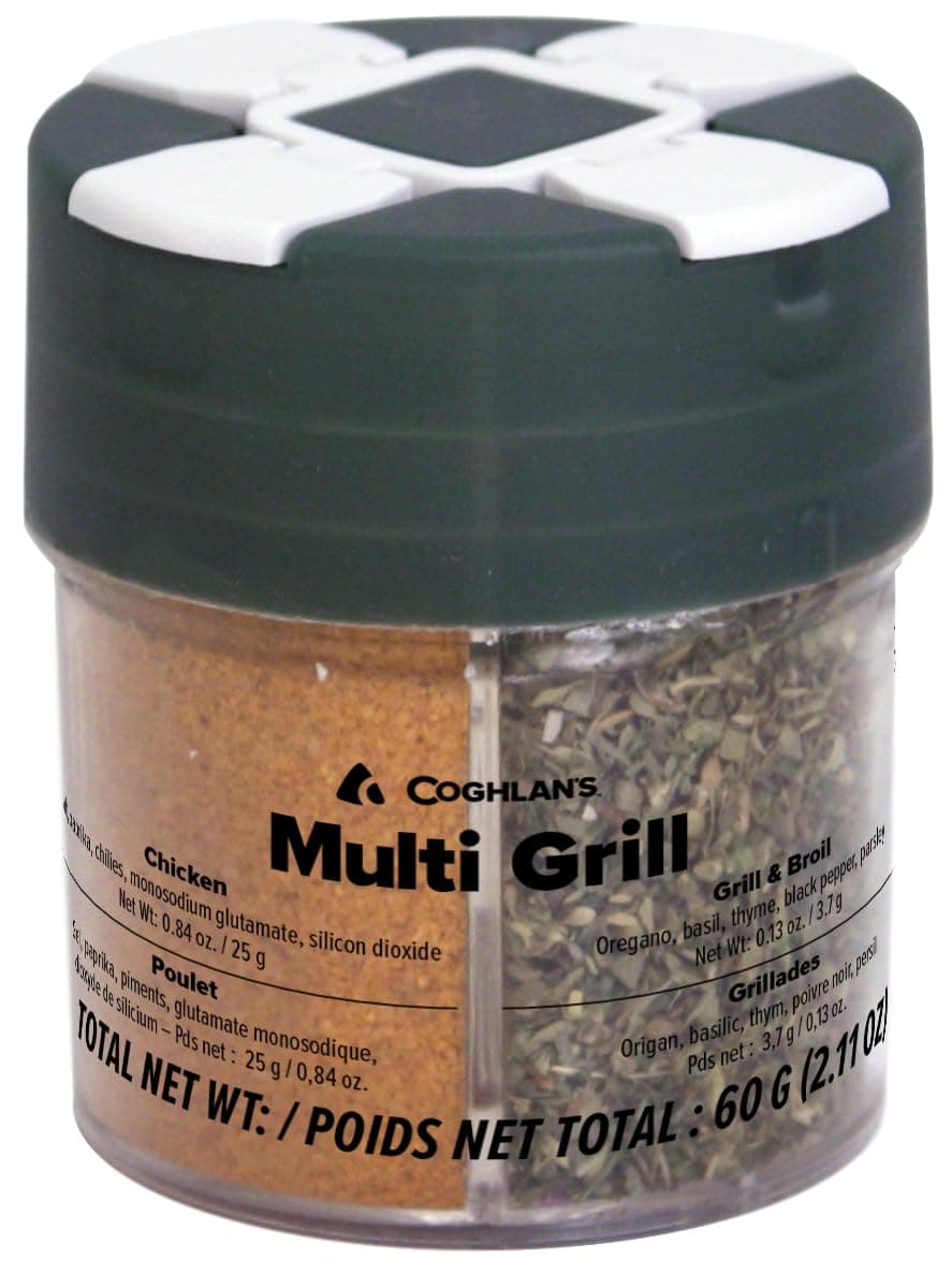 Coghlan's Multi-Grill Shaker – 4-in-1 Outdoor Spice Shaker with Flip-Top Lids for Chicken, Seafood, Steak, and Grilling Blends – Durable, Compact, and Travel-Ready for Camping, RV or BBQs
