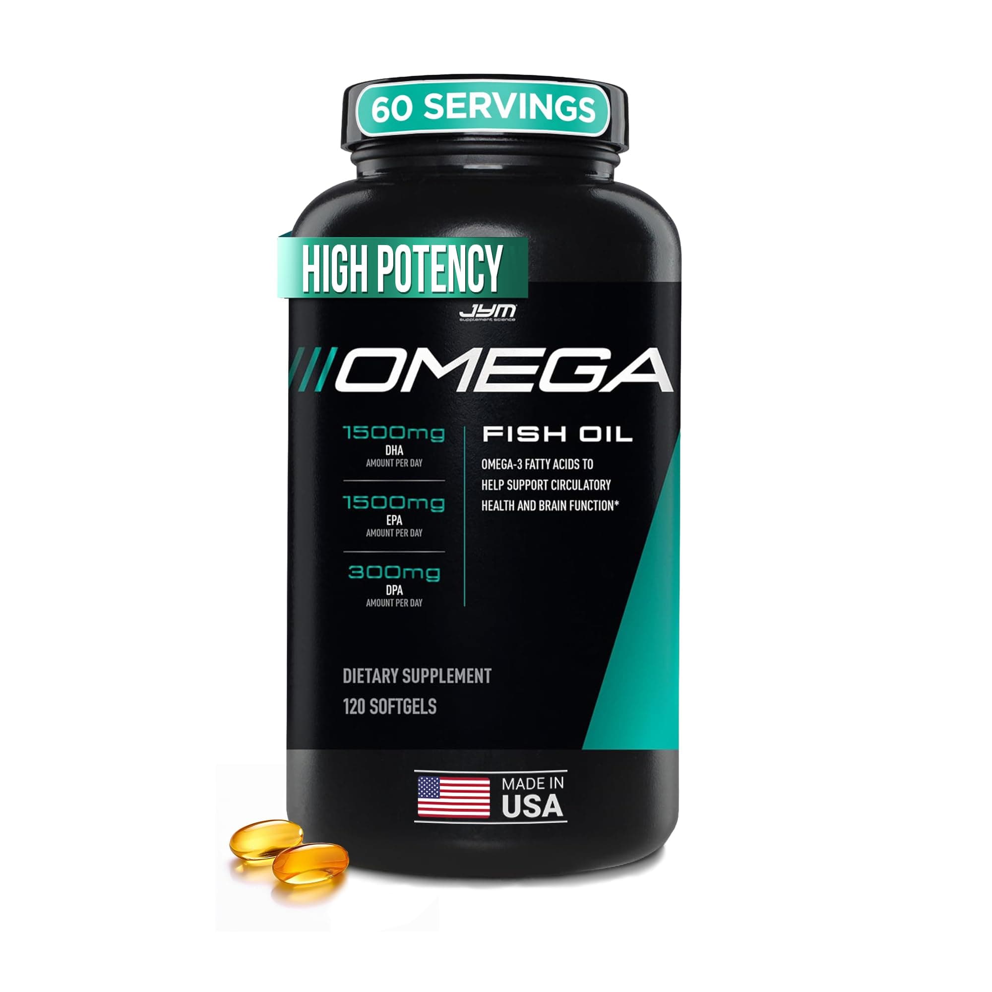 Omega JYM Fish Oil 2800mg, High Potency Omega 3, EPA, DHA, DPA for Brain, Heart, & Joint Support 120 Soft Gels