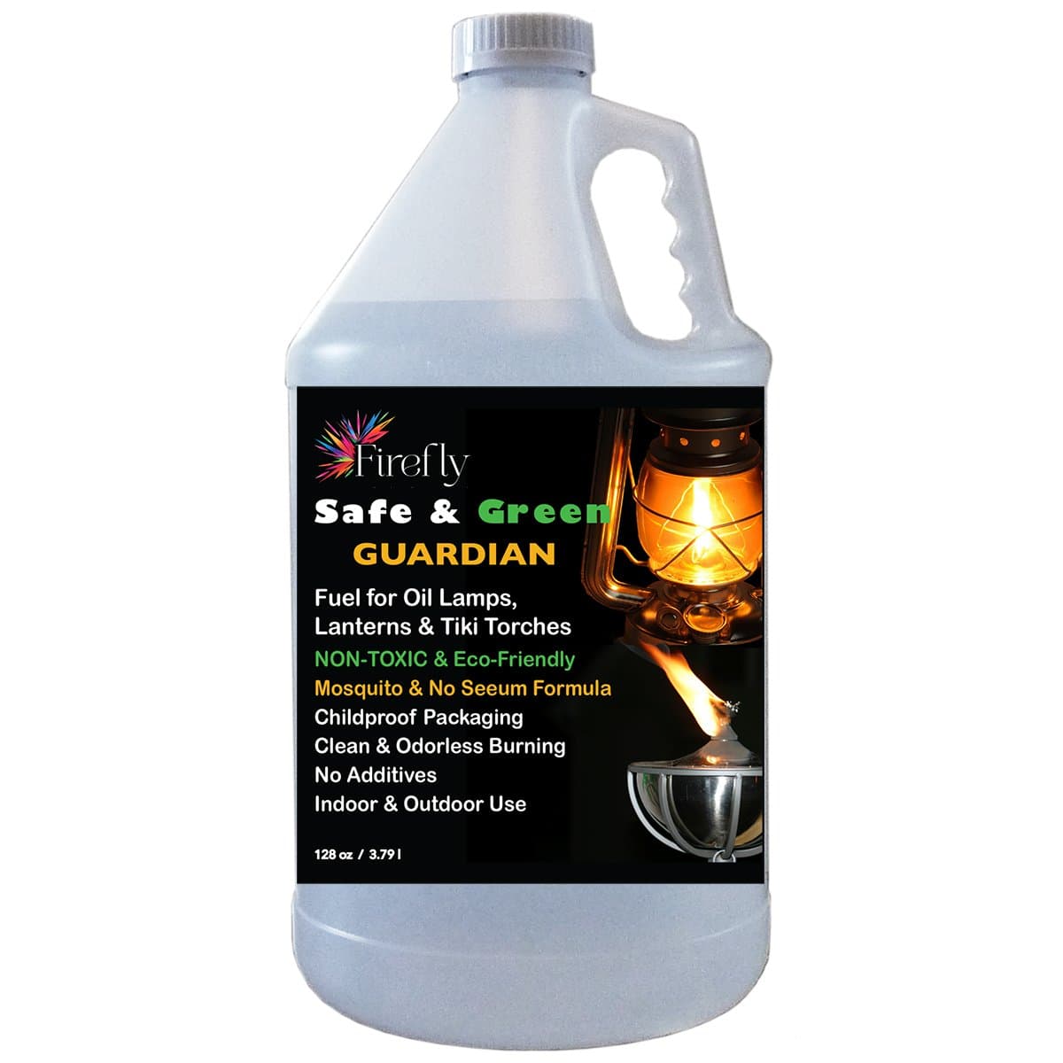 Denelchon Firefly Safe & Green Fuel with Guardian Wards Off Mosquitoes - 1 Gallon - Odorless and Smokeless Burning - Use in Tiki Torches, Oil Lamps & Lanterns