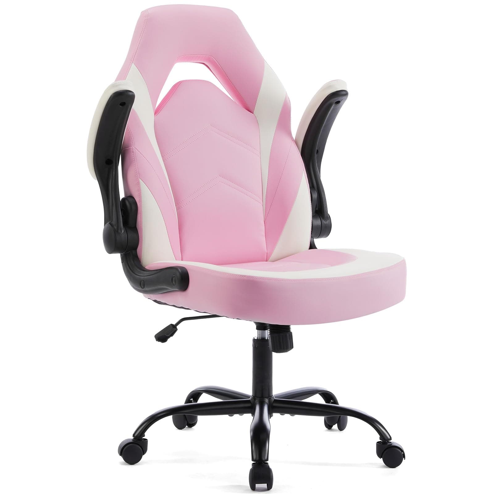 Sweetcrispy Computer Gaming Desk Chair - Ergonomic Lumbar Support Executive with PU Leather and Flip-up Armrest, Height Adjustable with 360° Swivel Wheels, Pink White, for Home and Office