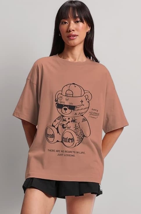100% Pure Cotton Oversized Loose Baggy Fit Drop Shoulder Half Sleeve Round Neck Cool Front Teddy Printed Cork & White T-Shirt for Women/Girls (Available in from S to 2XL)