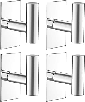 VAEHOLD Wall Towel Hooks, Heavy Duty Sticky Holder Waterproof Towel Hooks for Hanging Coat, Clothes, Closet Hook Wall Mount for Kitchen (Chrome, Adhesive 4 Pack)