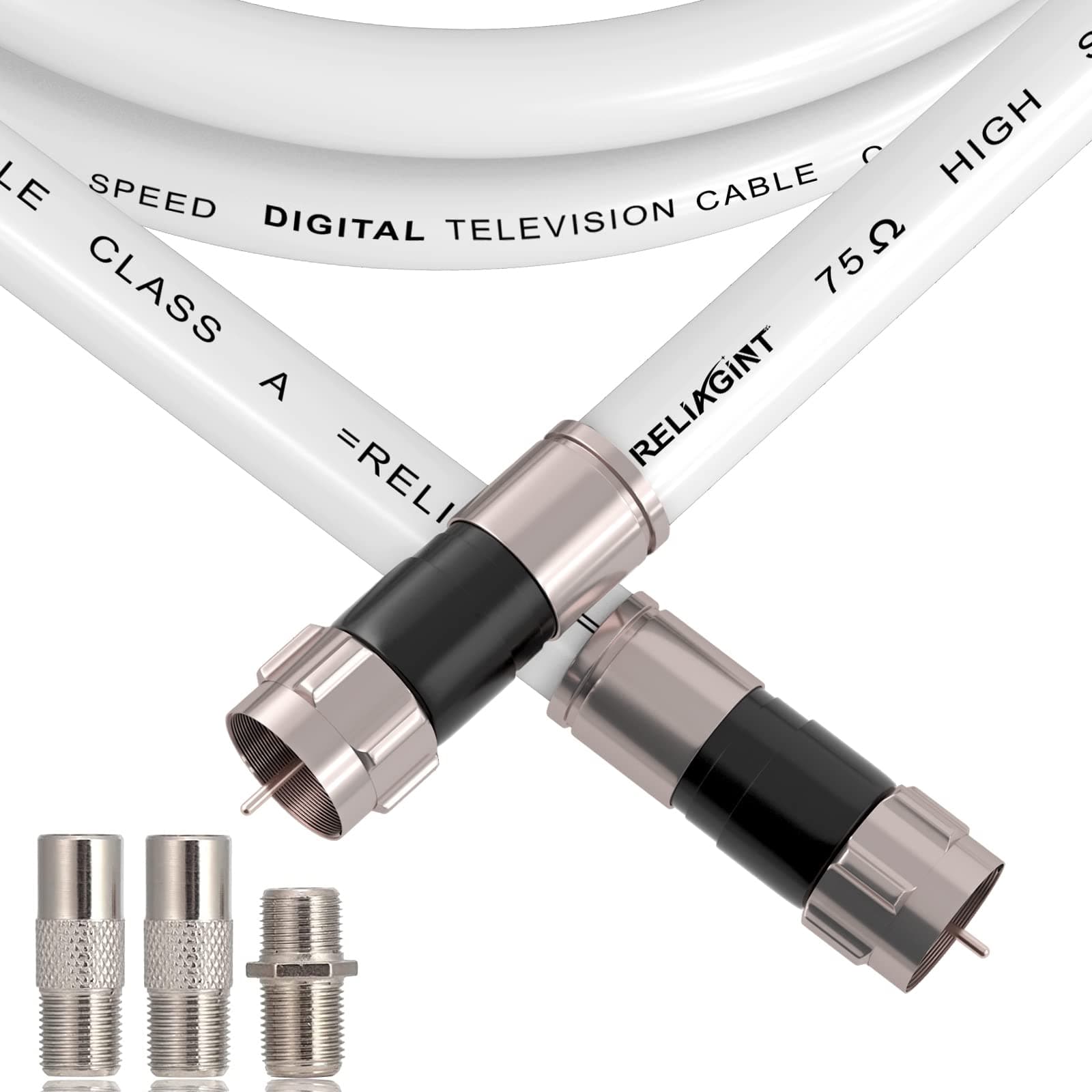 25ft RG6 Coaxial Cable White, 75 Ohm Coax Cable with F Connector & F81 Double Female Coupler, Low Loss High-Speed TV Antenna Extension Cord for HD TV, Satellite & Dish