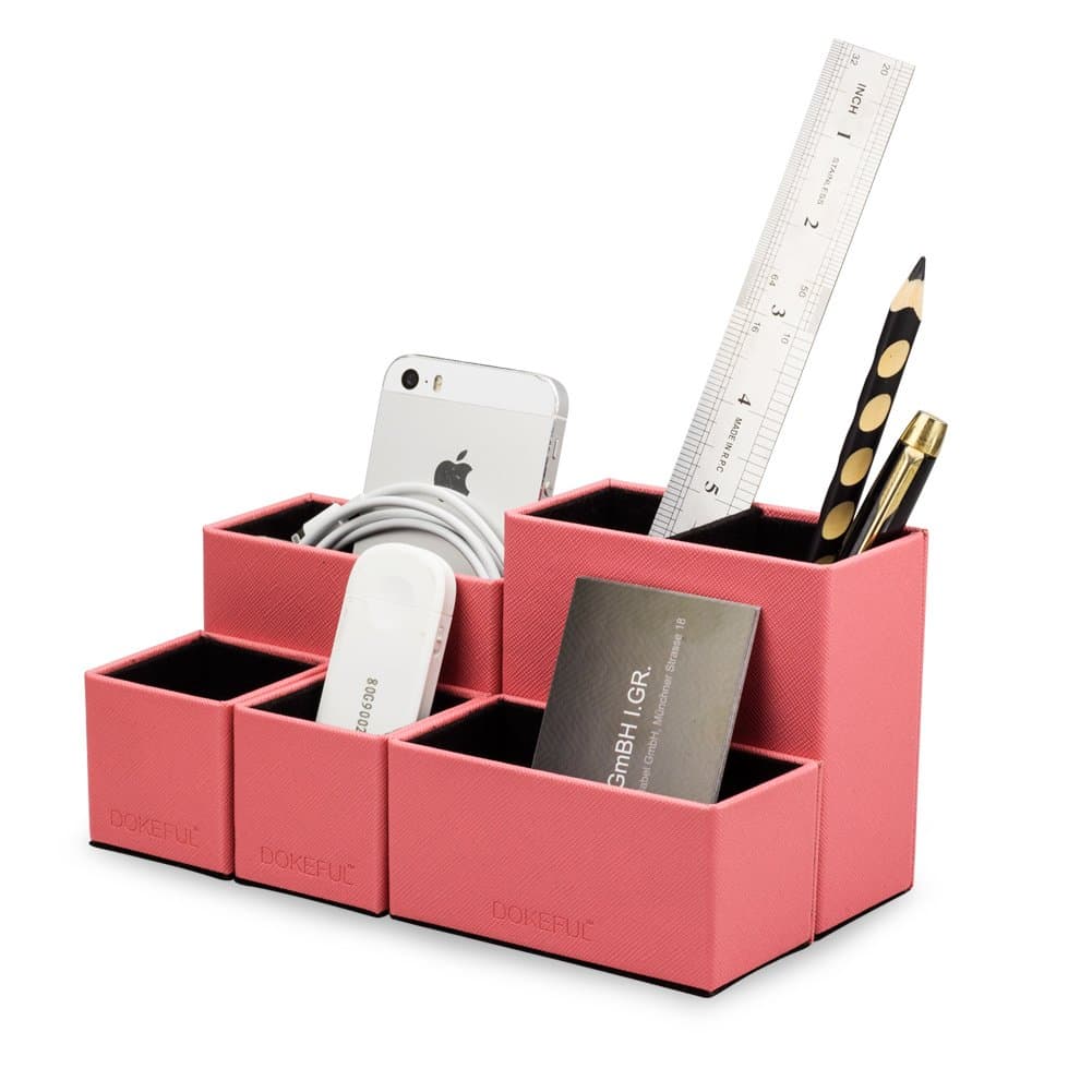 DOKEFUL Desk Organizer Desktop Office Supplies DIY Storage Box Desktop Accessories Caddy Multifunctional PU Leather Compartments Card/Pen/Pencil/Mobile Phone/Remote Control Holder (Pink)