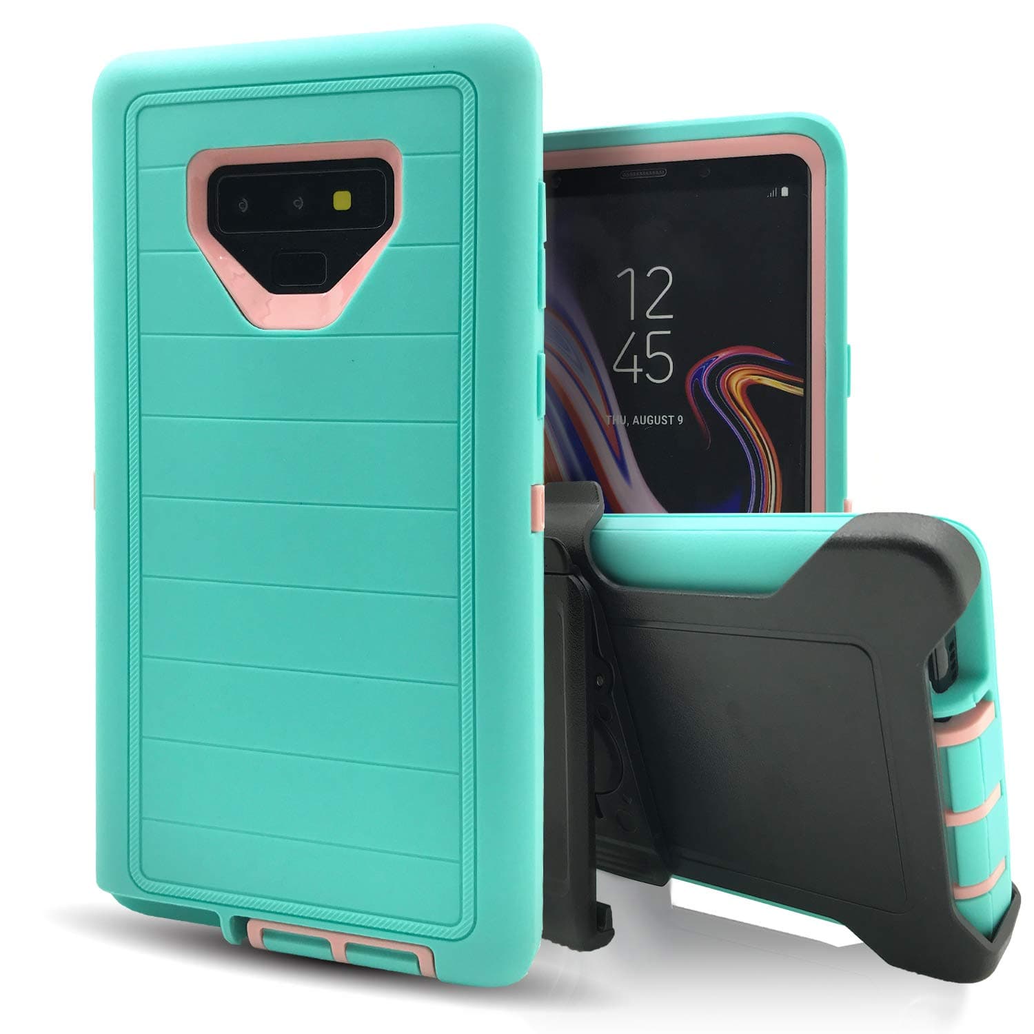 Samsung Galaxy Note 9 Case,Note 9 Phone Case with Belt Clip,Vodico Heavy Duty Defender Holster with Kickstand Military Shockproof Rugged Armor Silicone Non-Slip Grip Bumper Cases (Aqua Pink)