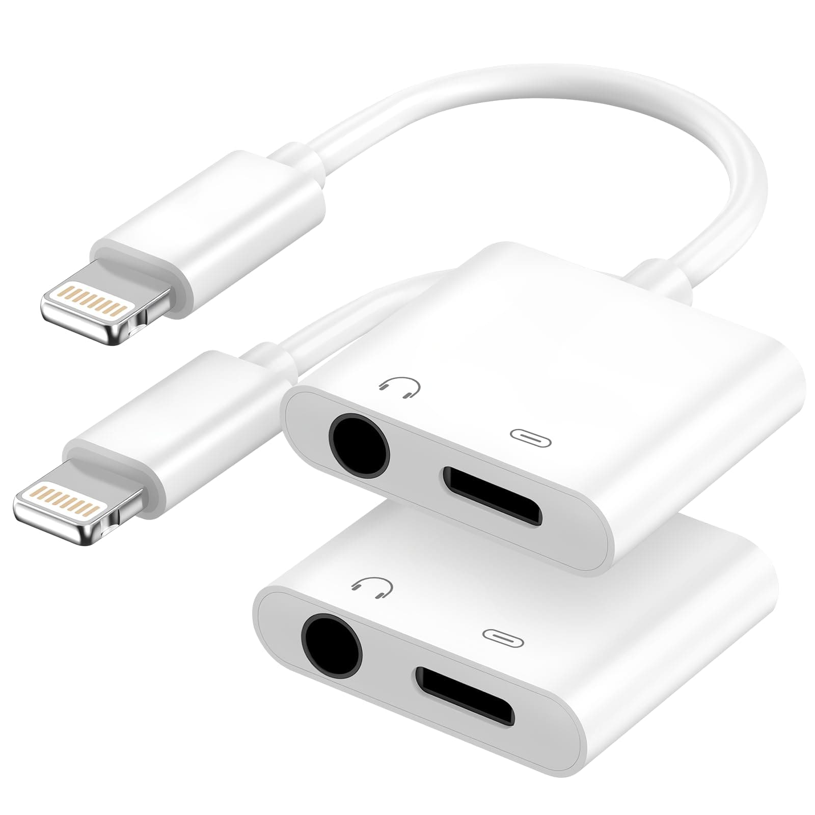 Apple MFi Certified 2-in-1 Lightning to 3.5mm Headphone Jack Adapter,Fast Charger&Aux Audio Splitter Dongle for iPhone-Car AUX,Home,Gym,Travel,Compatible with iPhone 14/13/12/11/XR/X/8/7,2Pack,White