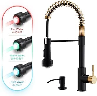 GIMILI Black and Gold Kitchen Faucet with Soap Dispenser Single Hole Pull Down Sprayer LED Faucet, Suitable for Farmhouses, RV, Laundry Room, Outdoor, and Campers. Llave para fregadero de cocina