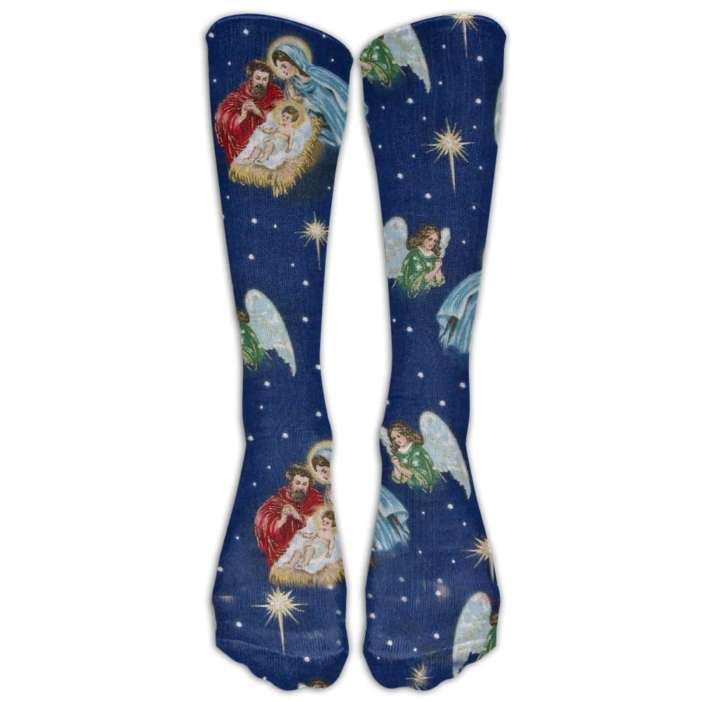 Religious Nativity Scene On Blue Knee High Graduated Compression Socks For Women And Men - Best Medical, Nursing, Travel & Flight Socks - Running & Fitness