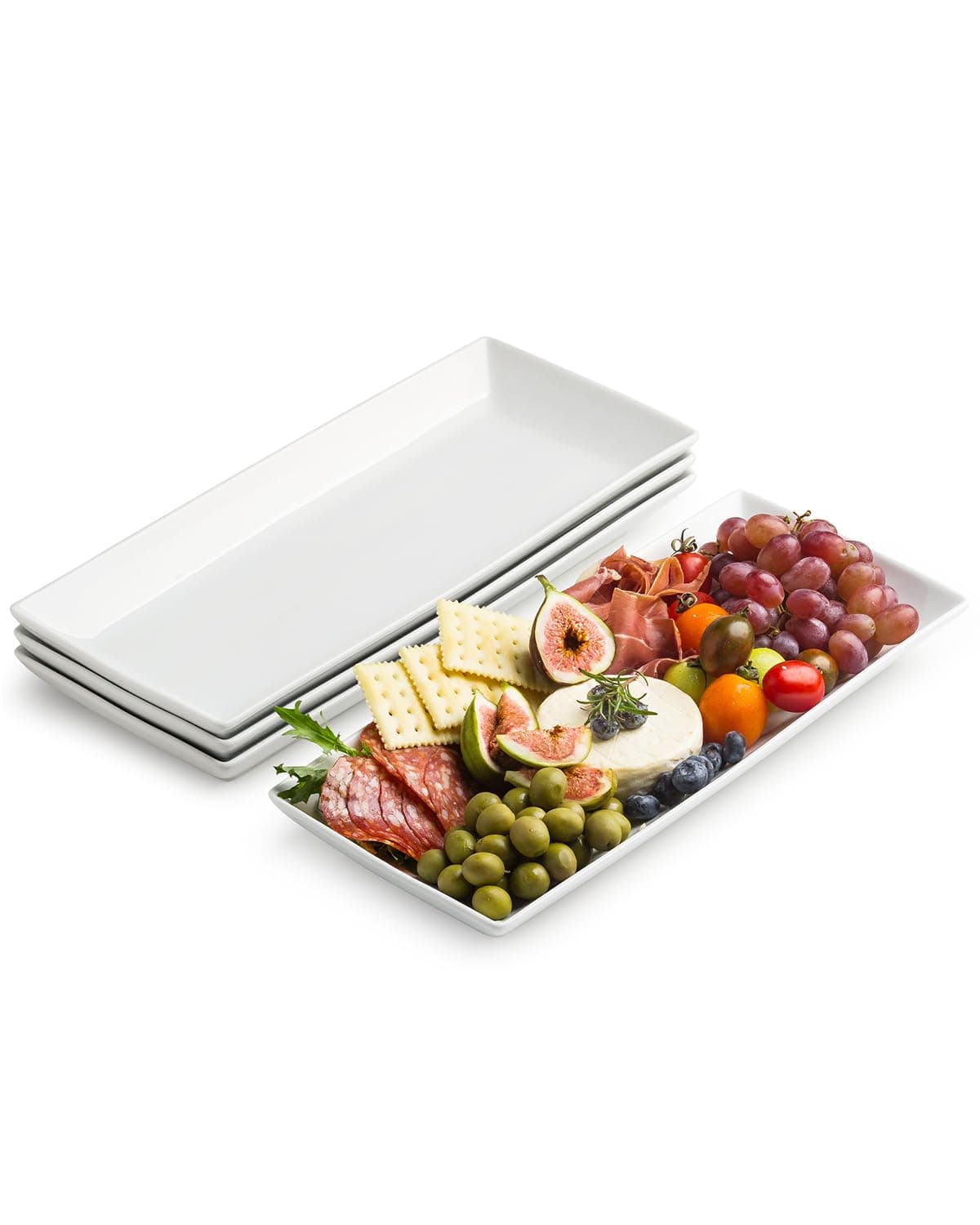 LAUCHUH Serving Platters and Tray White Serving Dishes for Entertaining 14-inch Large Rectangle Plates for Christmas, Porcelain Serving Trays for Steak, Taco, Sushi, Appetizer, Party, Set of 4