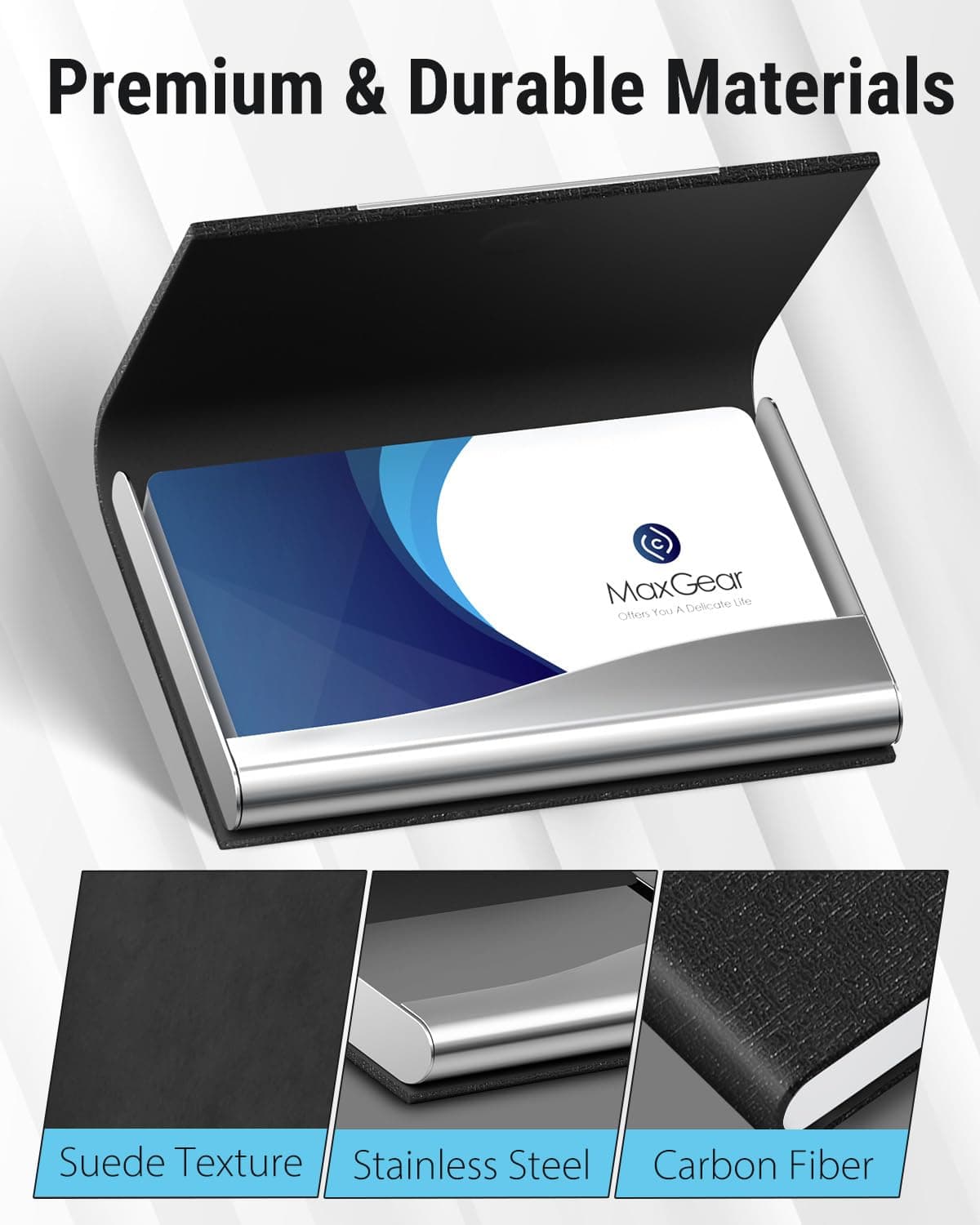 MaxGear Business Card Holder, PU Leather & Stainless Steel Pocket Card Holder for Men & Women, Professional Business Cards Wallet with Magnetic Closure, Black