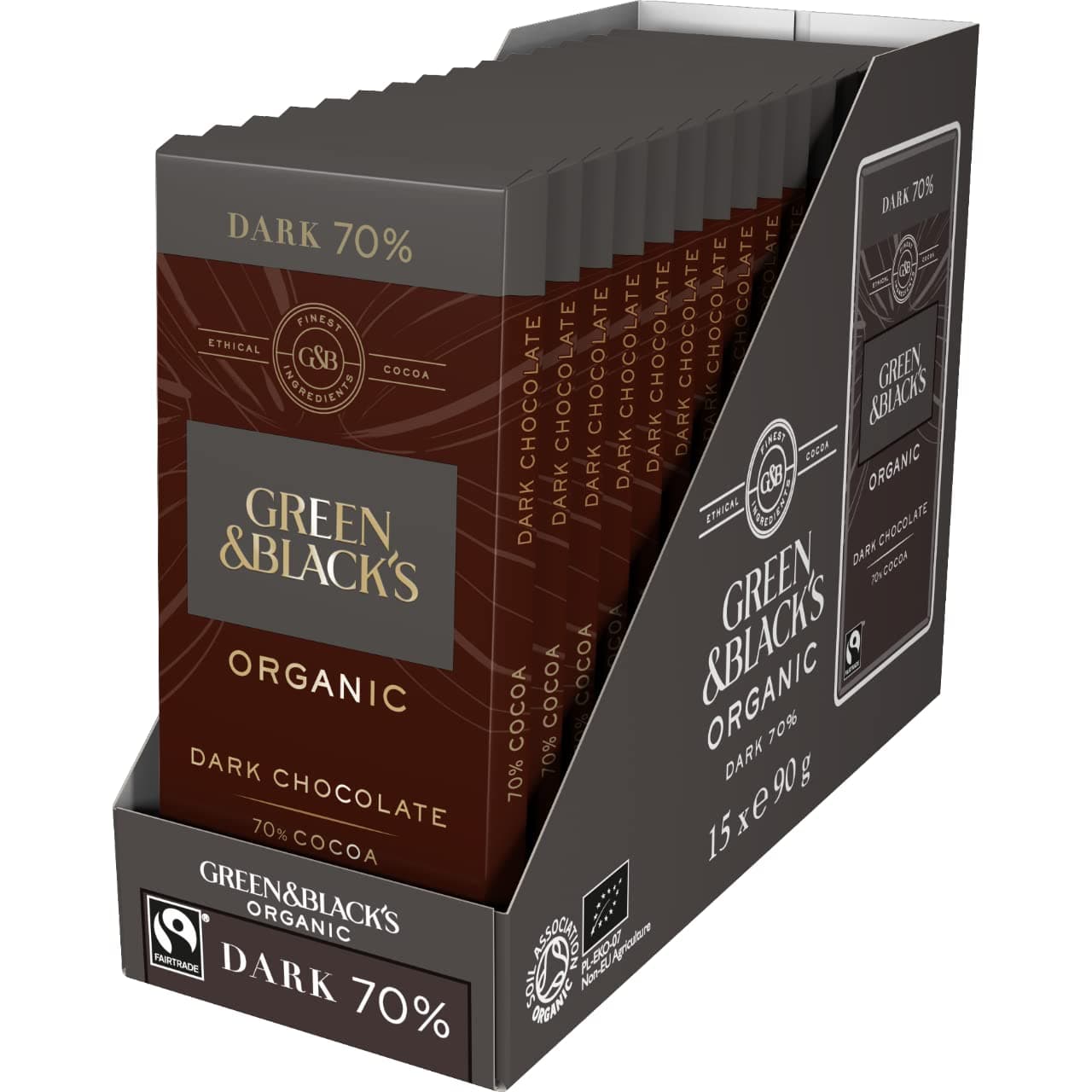 Organic Dark Chocolate Bar, 70% Cocoa, Rich & Intense, 90 g (Pack of 15)