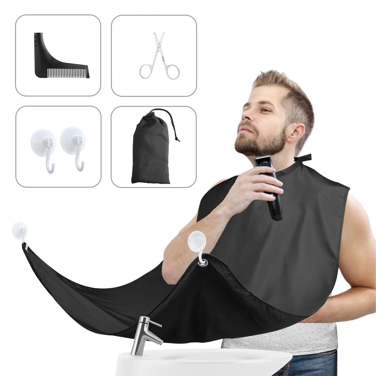 Beard Apron Cape, 6 piece set Grooming Cape with Professional Shaving Comb Clippings Catcher and a Beard Scissors, Adjustable Neckline Waterproof Beard Cape,Grooming Cape with 2 Suction Cups