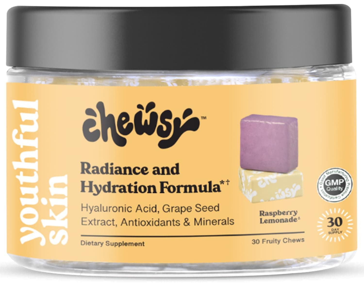 Youthful Skin, Fruity Chews Vitamins, Radiance & Hydration Formula, Hyaluronic Acid, Grape Seed Extract, Antioxidants & Minerals, Vitamins Raspberry Lemonade Flavor 30-Day Supply