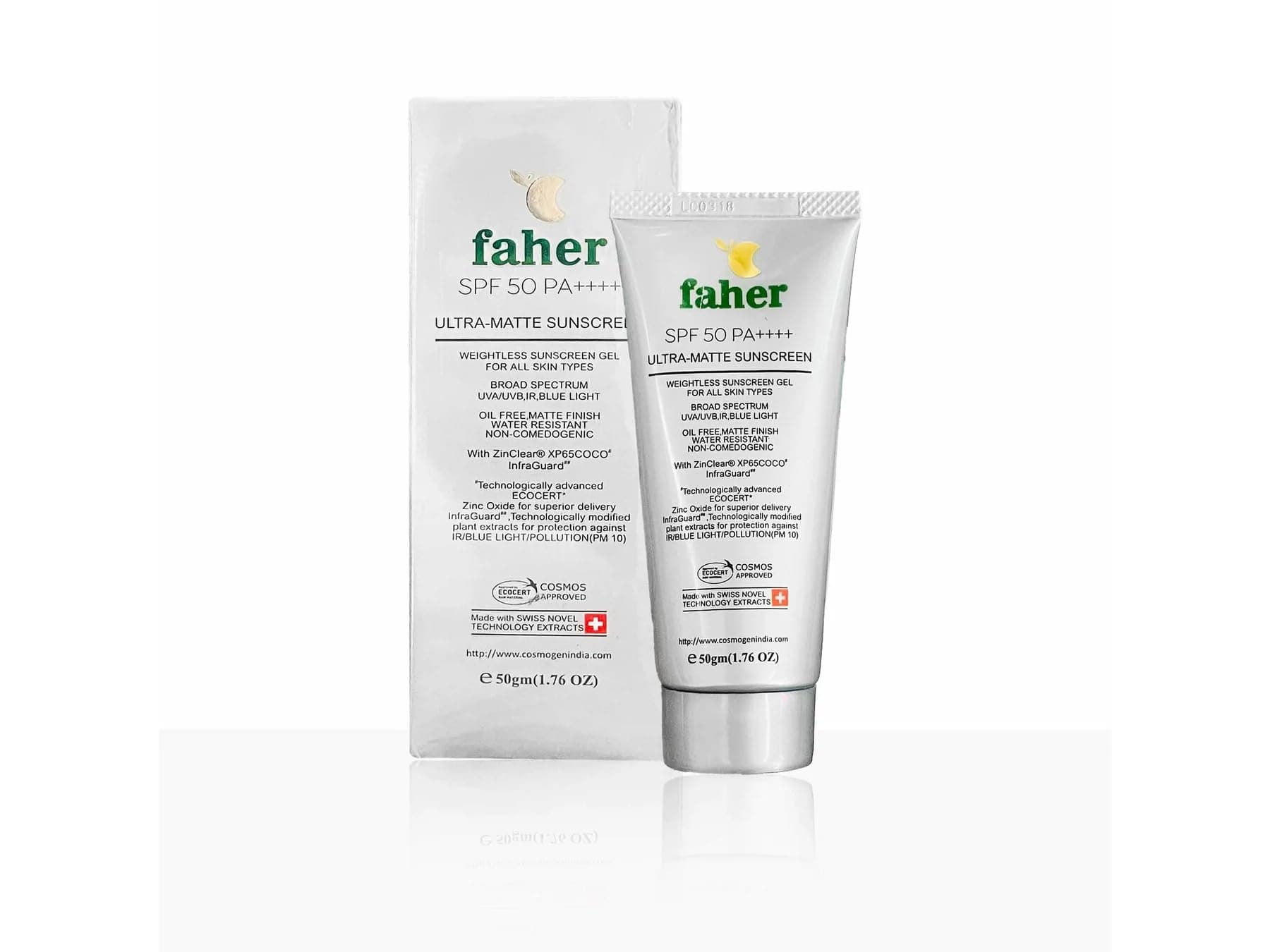 Faher Ultra Matte Sunscreen SPF 50 PA+++ | For Oily, Dry, Acne-prone Skin | Lightweight, No white-cast for Broad Spectrum & Blue Light Protection - 50g