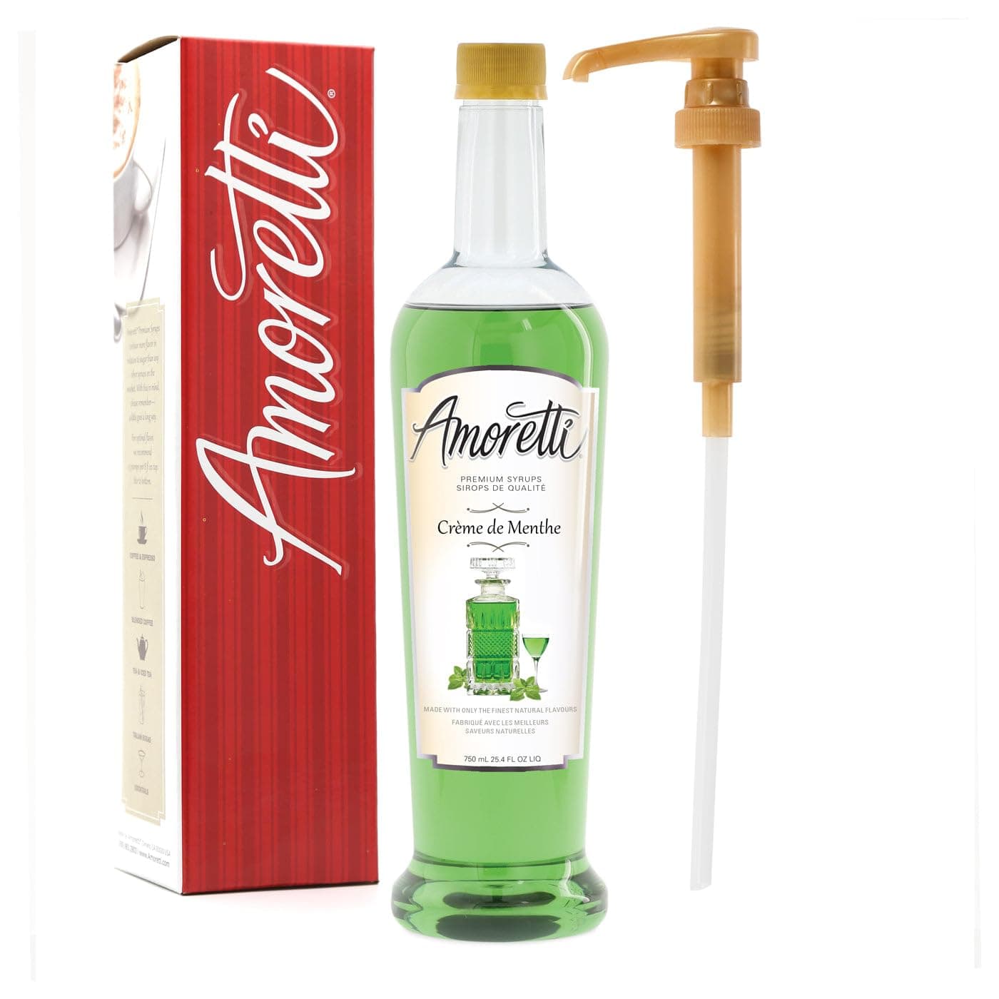 Amoretti - Premium Creme De Menthe Syrup, 94 Servings Per Bottle (750 ml), with Pump for Flavoring Coffees, Cocktails, and other Beverages, Gluten Free, GMO/GEO Free, Preservative Free