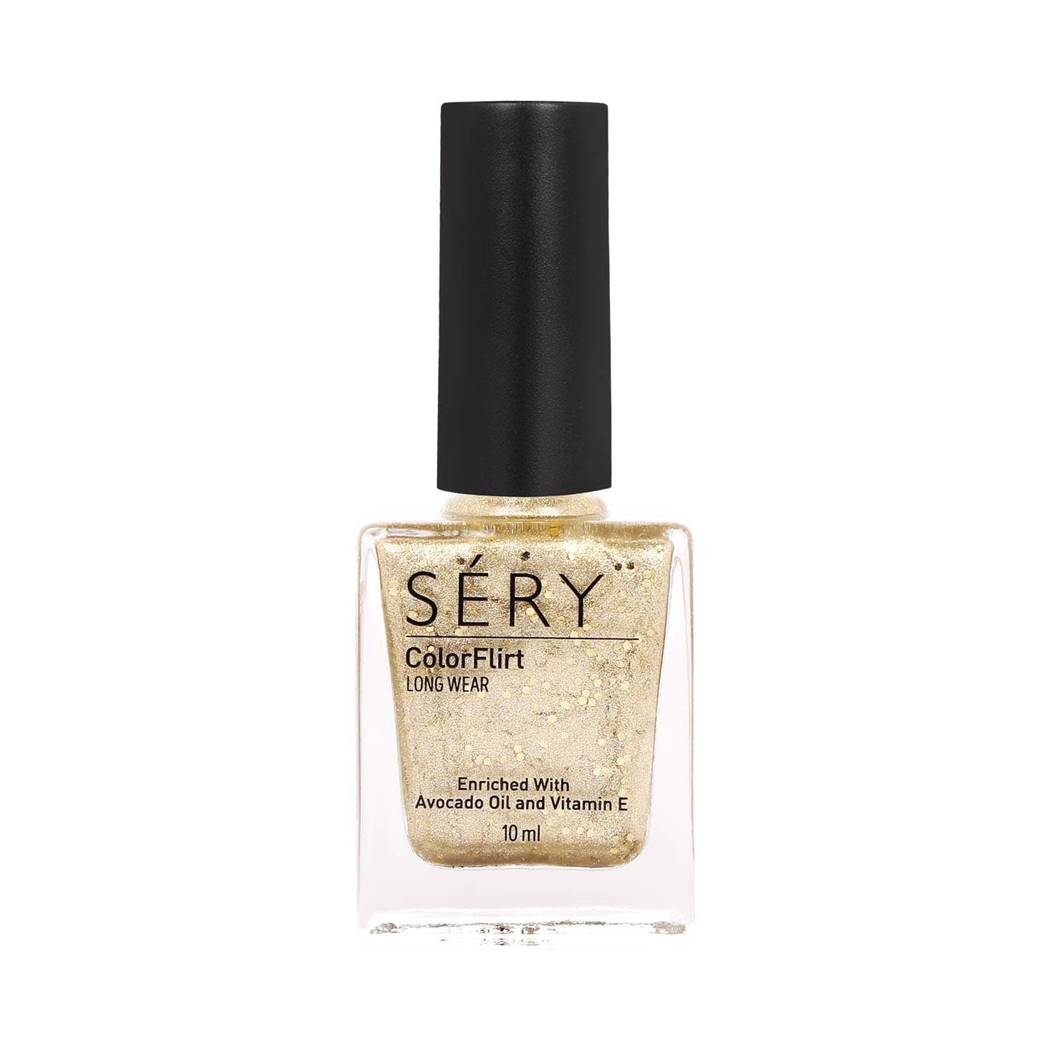 SERY Color Flirt Nail Paint Glitter, High Glossy shine, Chip-Resistant, 6 days long lasting, Enriched with Avocado oil and Vitamin E, Golden Shimmer, Gold, 10ML