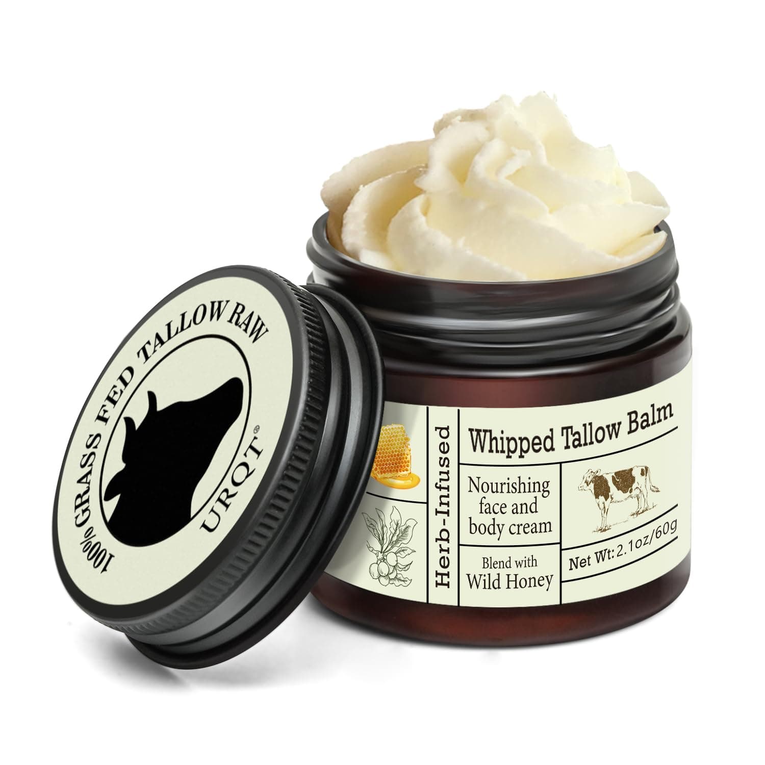 Beef Tallow for Skin - Organic Grass-Fed Whipped Beef Tallow and Honey Balm - Deeply Moisturizing for Face & Body - Natural Skin Care for Soft, Supple Skin