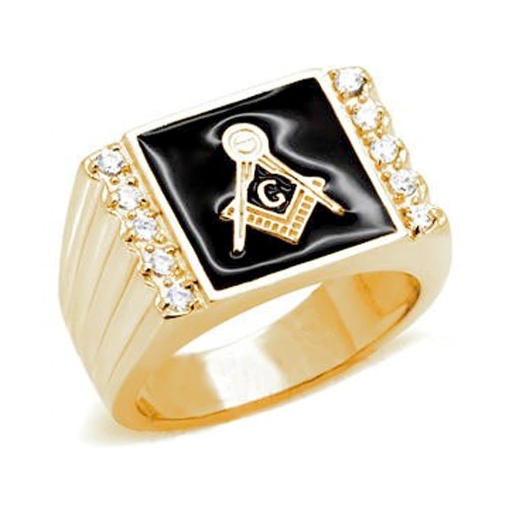 Masonic Rings for Men - Square Gold Plated Steel Freemason Ring. Masonic Ring with Black Stone & CZ. Freemason's Jewelry - Free Masonry. Free Masons Masonary Ring w/Masonic Symbols