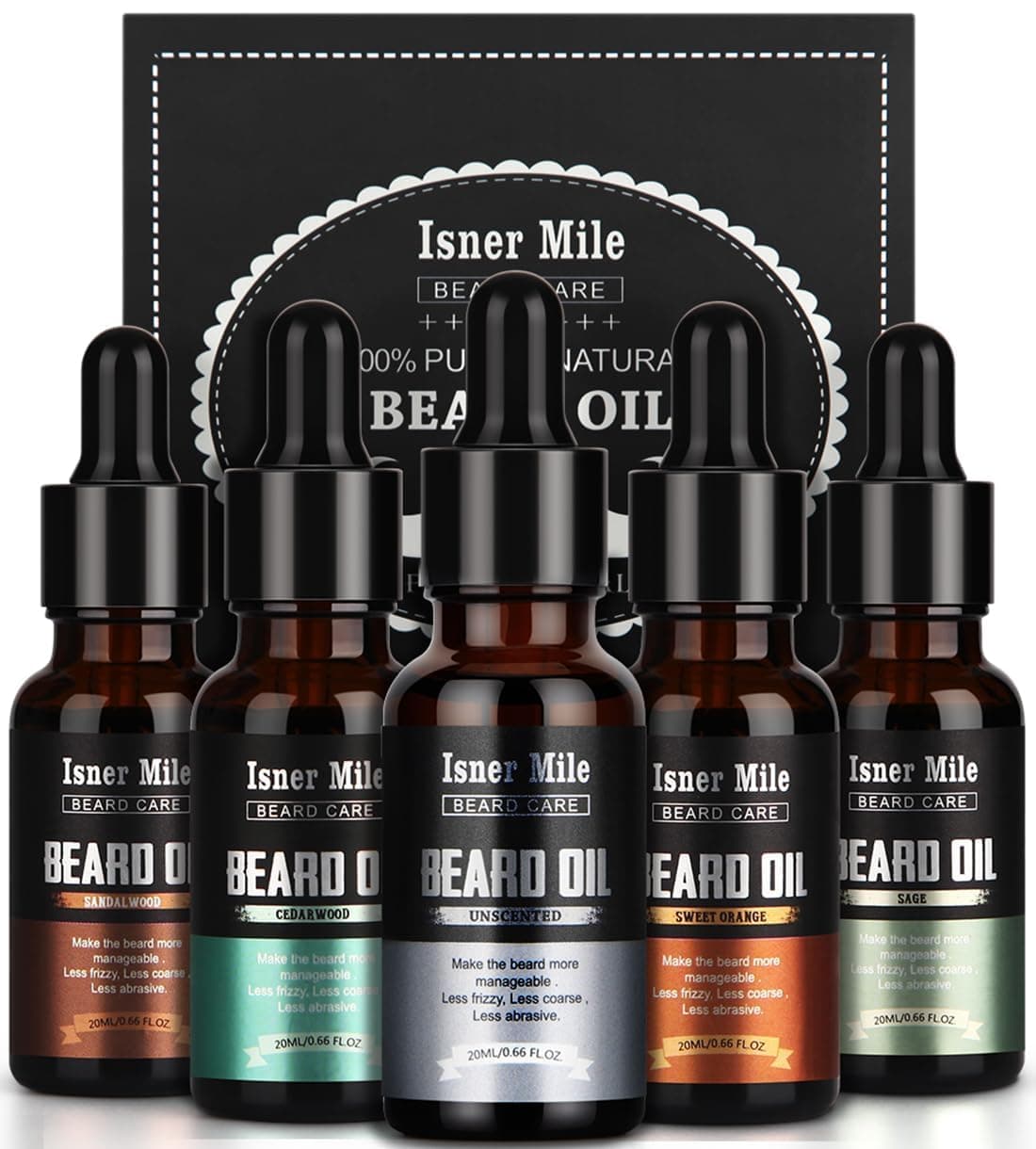 4 Pack Beard Oil Set Leave in Conditioner, Cedarwood, Sandalwood, Sage, Sweet Orange for Men Mustaches Growth, Soften, Moisturizing, Strength, Stocking Stuffers Gifts for Him Man Dad Father Boyfriend