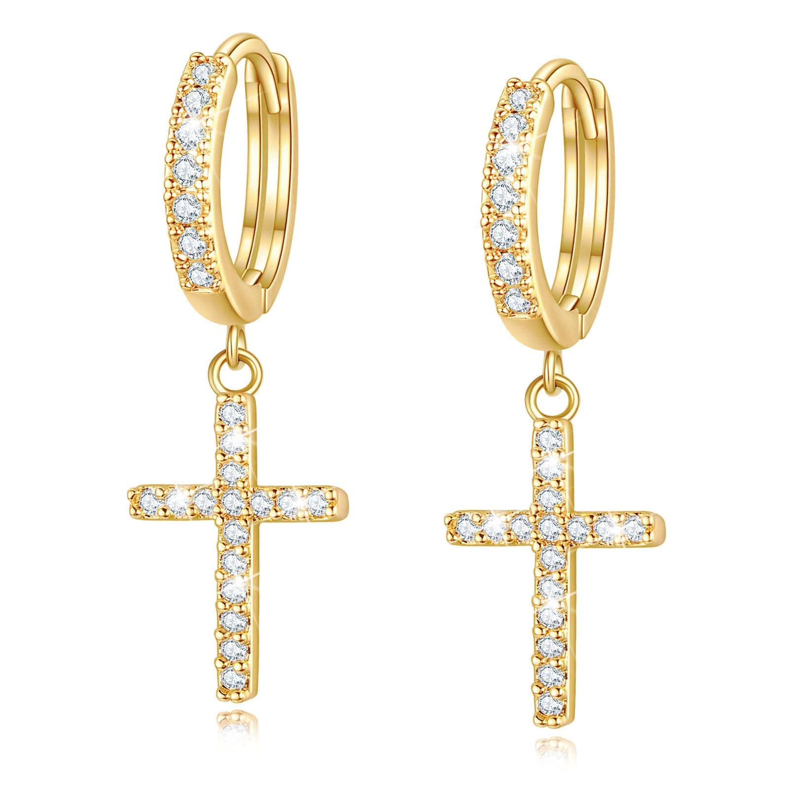 14K Gold Plated Drop Dangle Cross Hoop Earrings Trendy Gold Cross Earrings for Women Small CZ Huggie Hoops Dangling Diamond Cross Earrings for Men Hypoallergenic Lightweight