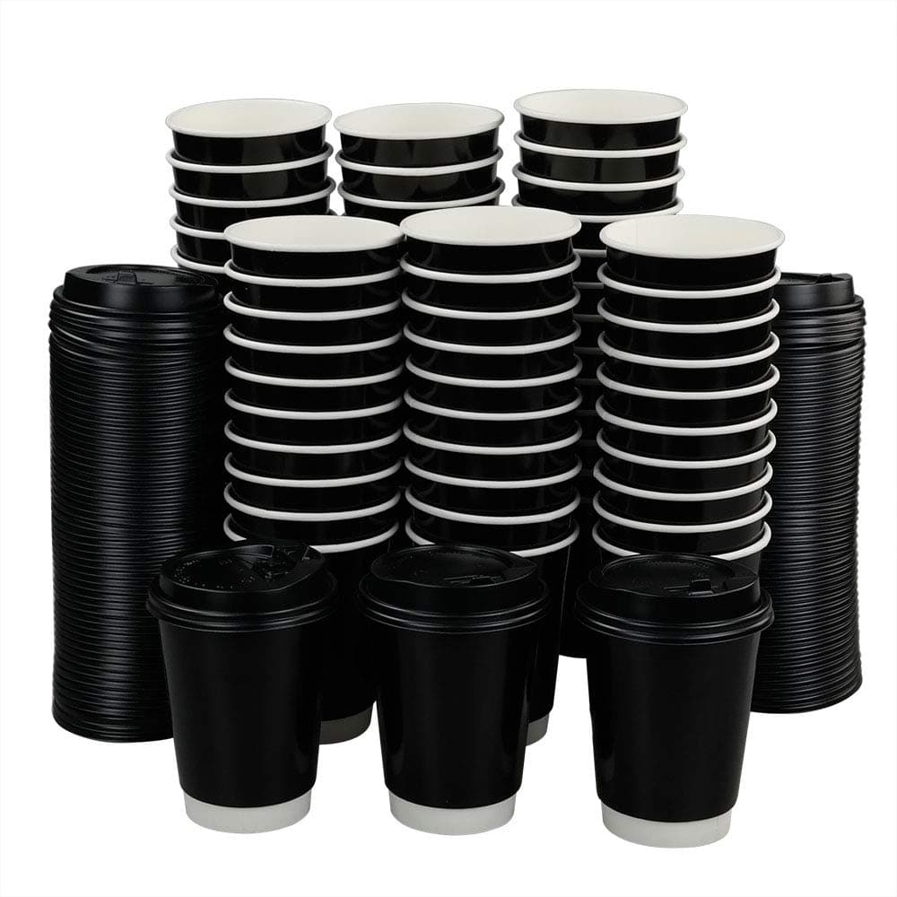 Saedy 12 Oz Disposable Hot Coffee Paper Cups with Lids, 100 Packs