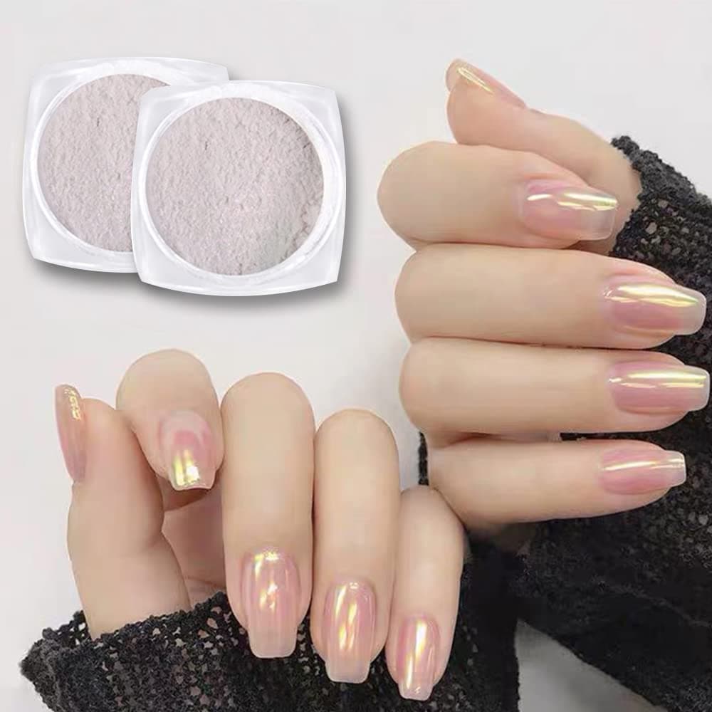 Furimuk 2 Boxes Pearl Chrome Nail Powder Glazed Gold White Pearl Chrome Nails Powder Holographic Ice Transparent Aurora Moonlight Manicure Pigment Metallic Mirror Effect for Nail Art Decorations