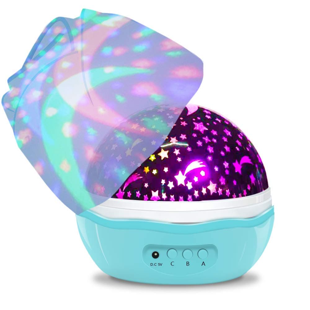 Dbmoon Star Night Light Projector 360 Degree Mute Rotation 4 Modes Light USB Battery Powered Star Moon Sky Night Light for Children (Blue)