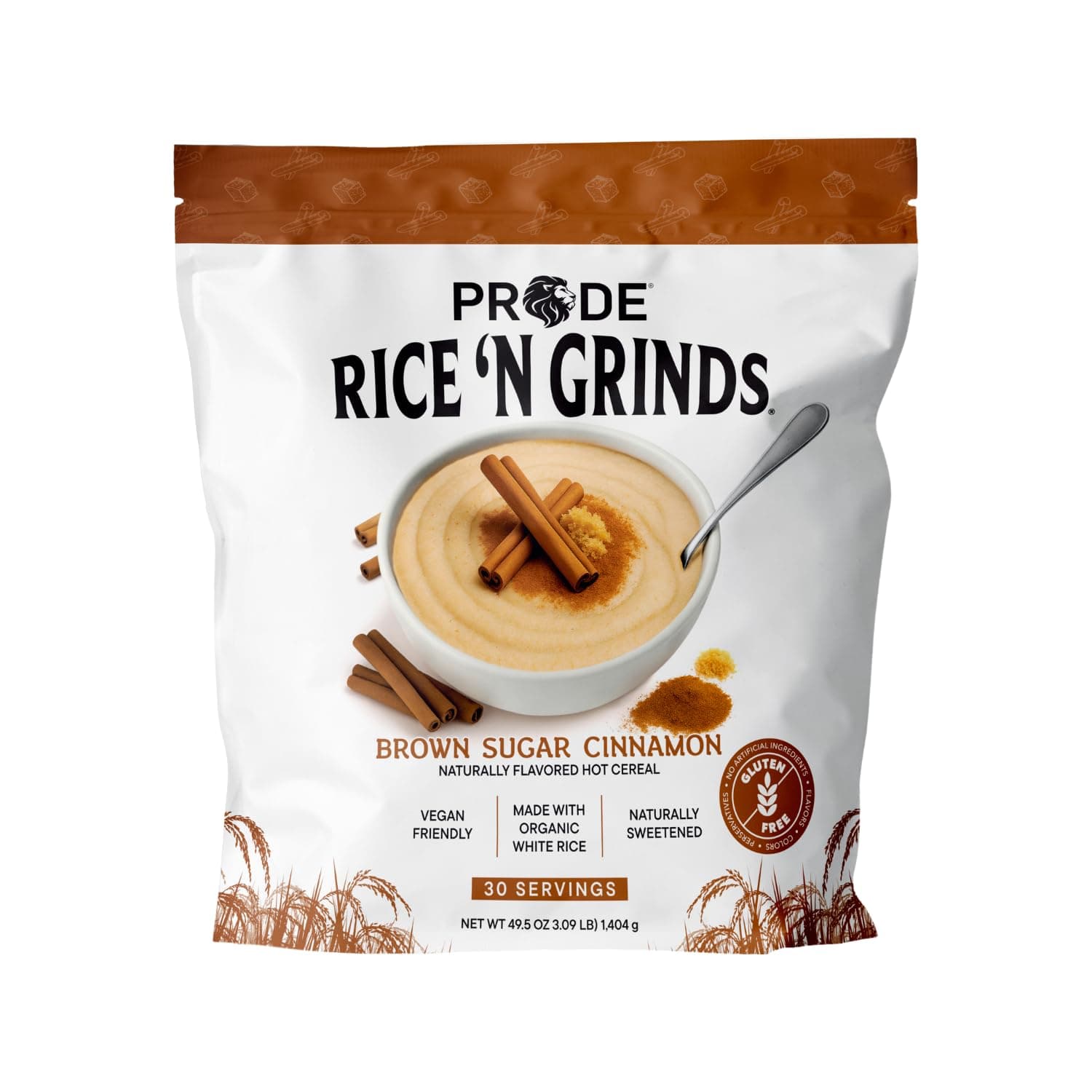 Pride Foods Rice 'N Grinds Hot Cereal - Gluten-Free, Non-GMO, Vegan-Friendly, Natural Rice Breakfast, Quick & Easy Hot Meal, Low-Fat Comfort Food, 30 Servings, Brown Sugar & Cinnamon
