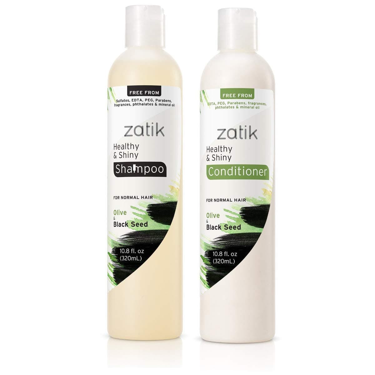 Zatik Naturals - Healthy & Shiny Shampoo + Conditioner set, with Olive and Black Seed, Voluminizing and Safe for Color Treated Hair - one of each 10.80 fl oz (packaging may vary)