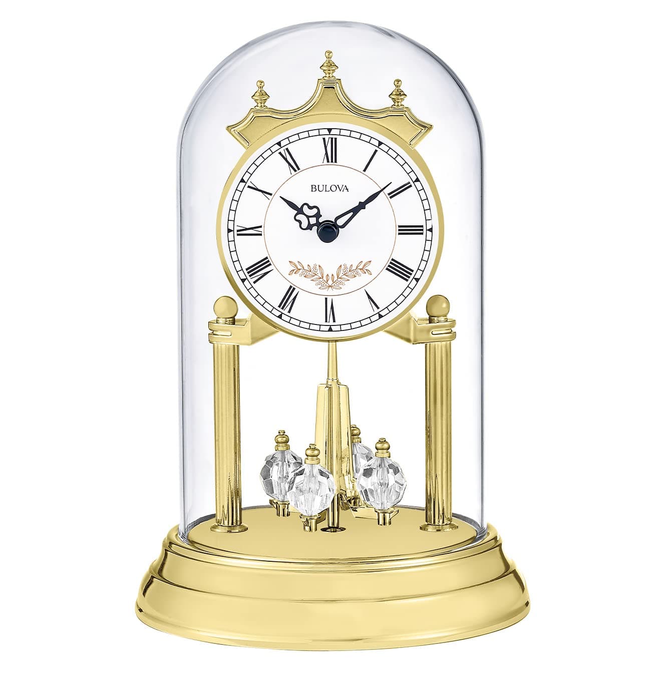 B8821 Heather Anniversary Clock | 9" Glass Dome Design | Rotating Crystal Pendulum | Westminster Chime | Engraving Plate