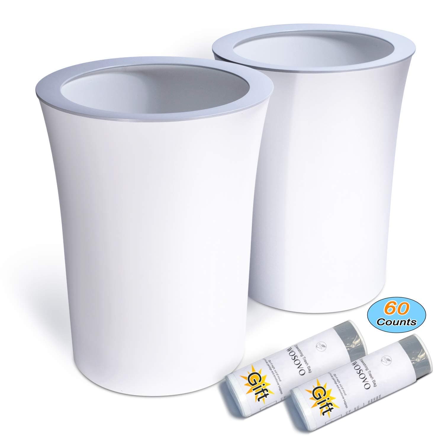 WOSOVO Trash Can White Small Waste Basket 2.6 Gallon Hide Trash Bag, Office Bedroom Kitchen Garbage Can for Restroom Deskside Round, 2 Pack (60 Counts Drawstring Trash Bags Included)
