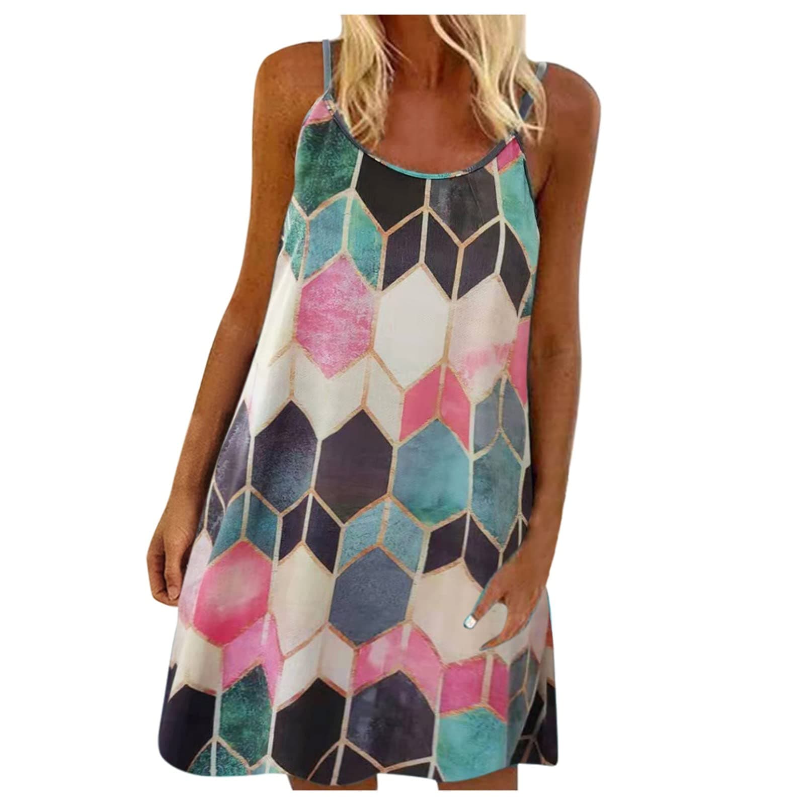 XWANG Summer Dresses Women's Casual Sleeveless Round Neck Beach Dresses Flowers Printed Strap Dress Short Dresses T-Shirt Dress Knee-Length Casual Dress Mini Dress - Multicolour - L