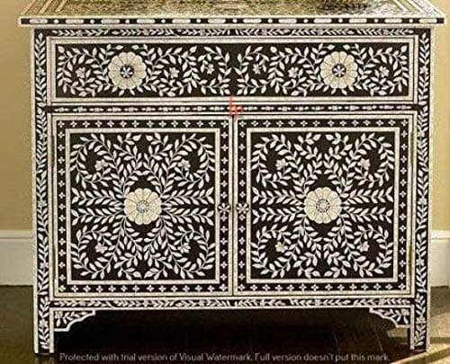 Bone Inlay Chest of Drawer in Black Floral Design Beautiful Handmade Home Decor Inlay Furniture Dresser Cabinet with Insurance