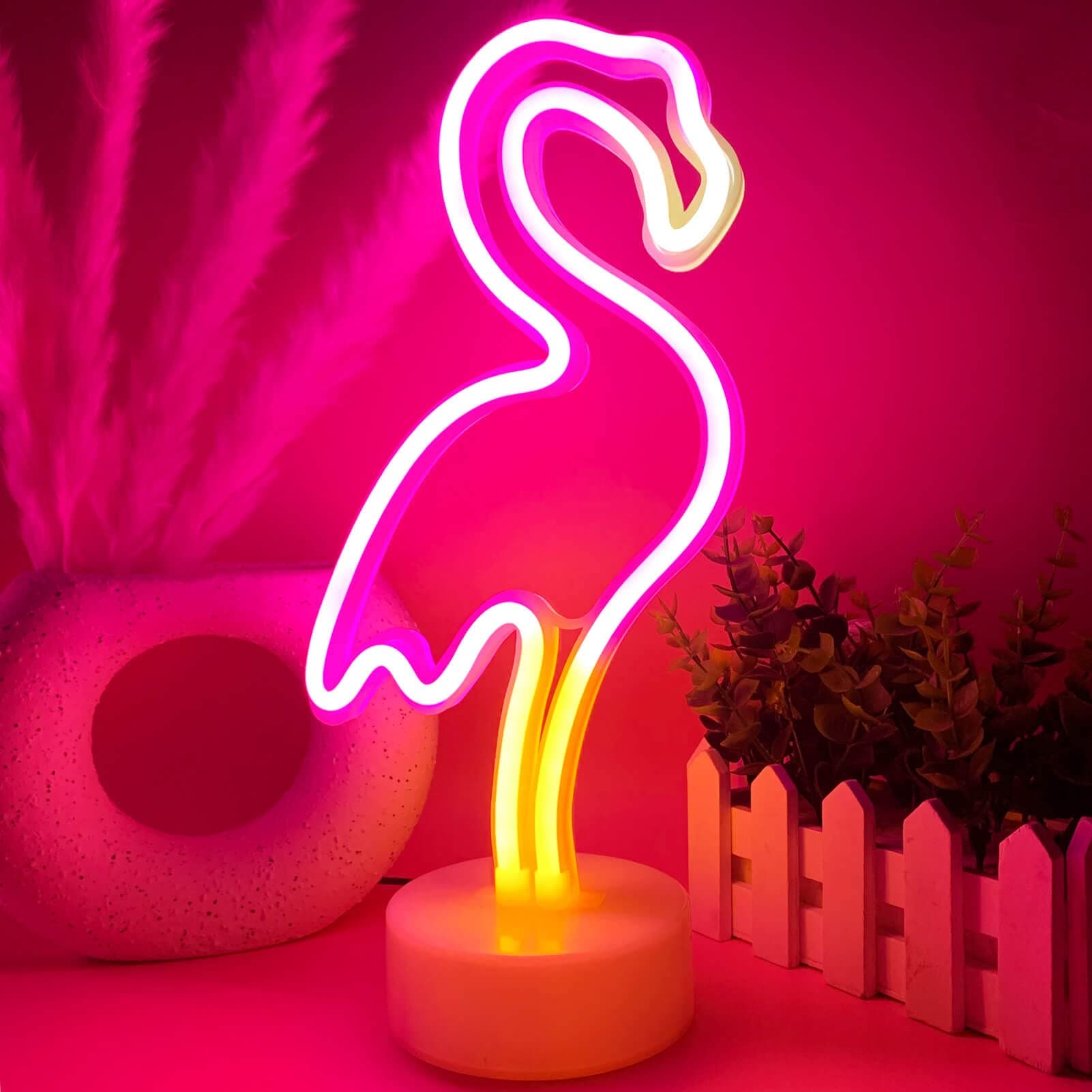 Pink Flamingo LED Neon Light Sign for Bedroom & Girls Room Decor - USB/Battery Operation Night Lights with Pedestal