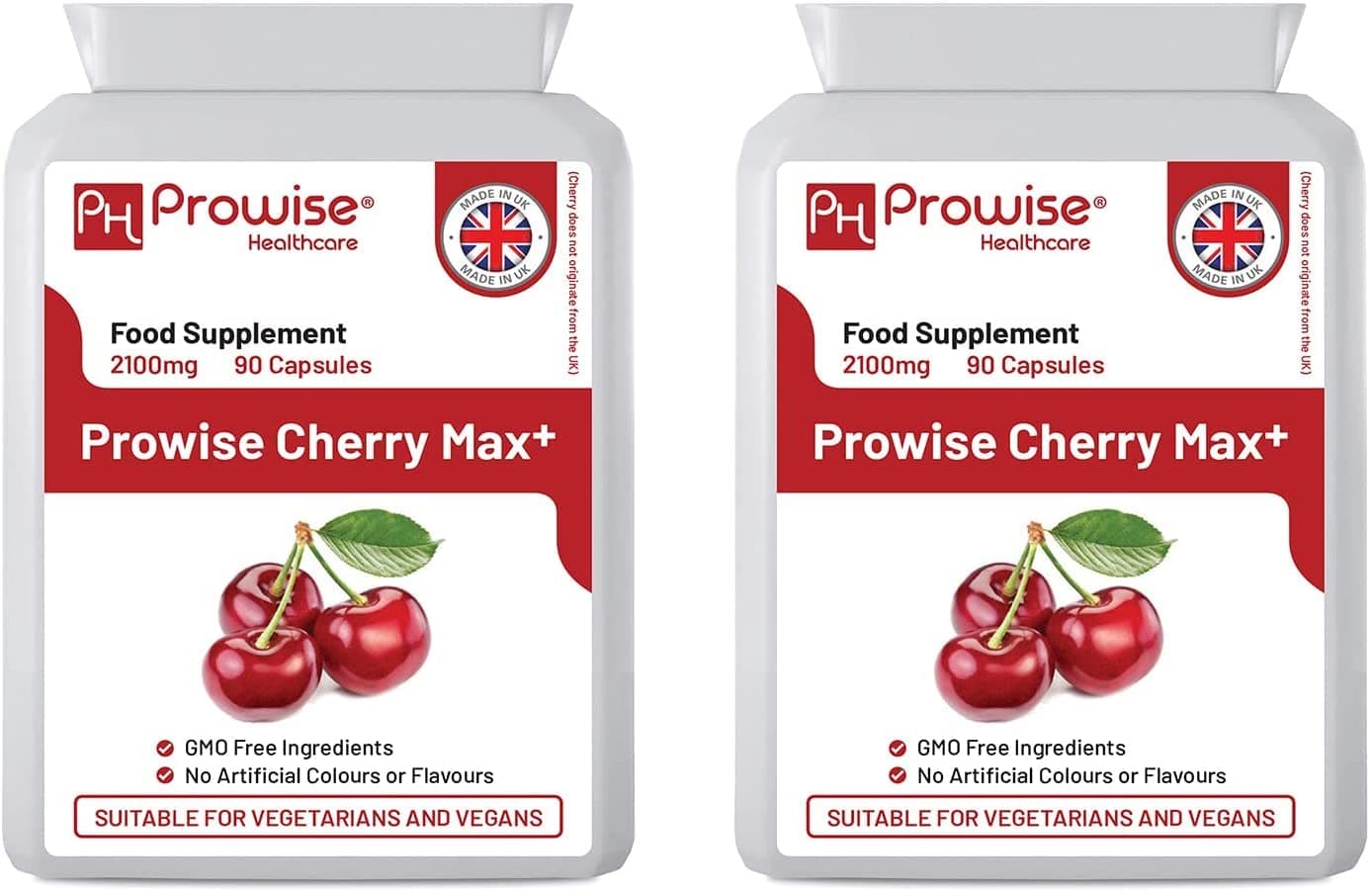 Cherry Max+ (Pack of 2) 2100mg Montmorency Cherry Added with Black Cherry I 90 Vegan Capsules High Strength I Made in The UK by Prowise Healthcare
