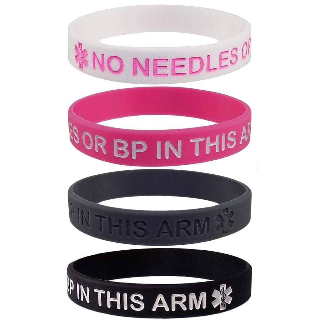 Pack of 4 - No Needles or BP in This arm Medical Alert ID Silicone Wristband Bracelet Band