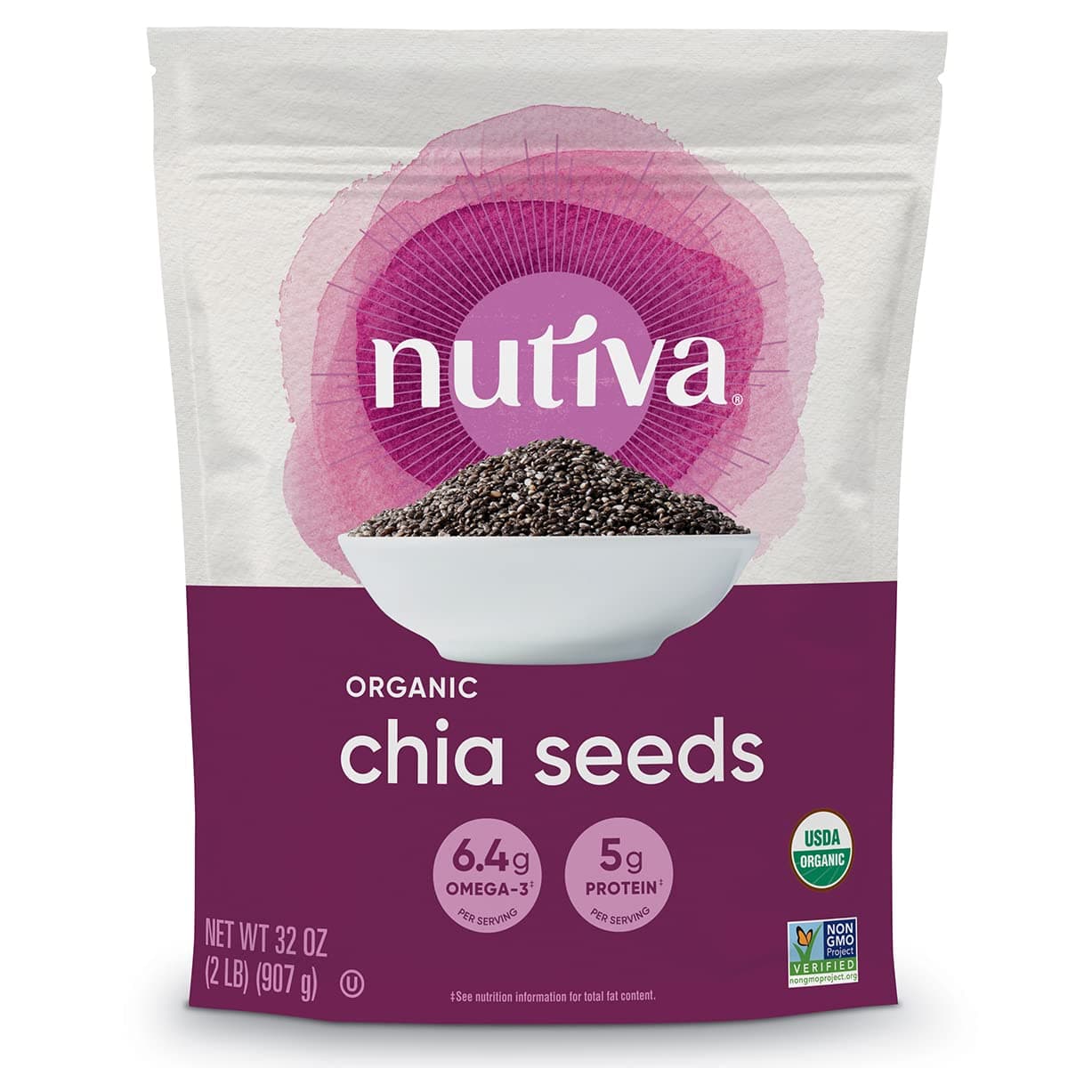 Nutiva USDA Organic Premium Nutrient-Dense Raw Black Chia Seeds with 3g Protein & 5g Fiber for Salads, Yogurt & Smoothies, Non-GMO, Vegan, Gluten-Free, Keto & Paleo, 32 Ounce