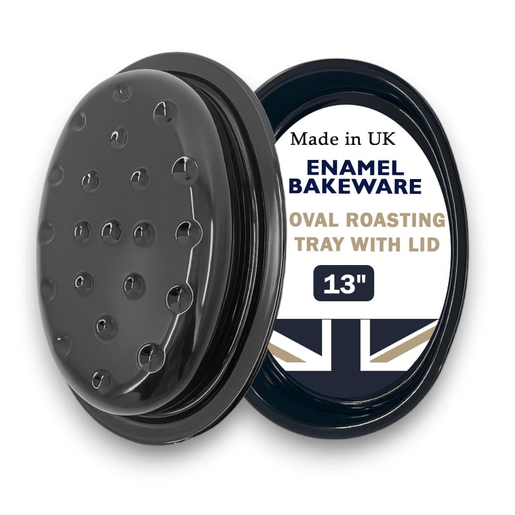 Great British Bakeware 33cm Vitreous Enamel Roasting Tin with Lid, Heavy Duty Vitreous Enamel Bakeware, Roasting Tray, Baking Tin, Made in England, Scratch Resistant, Oven Dish with Lid