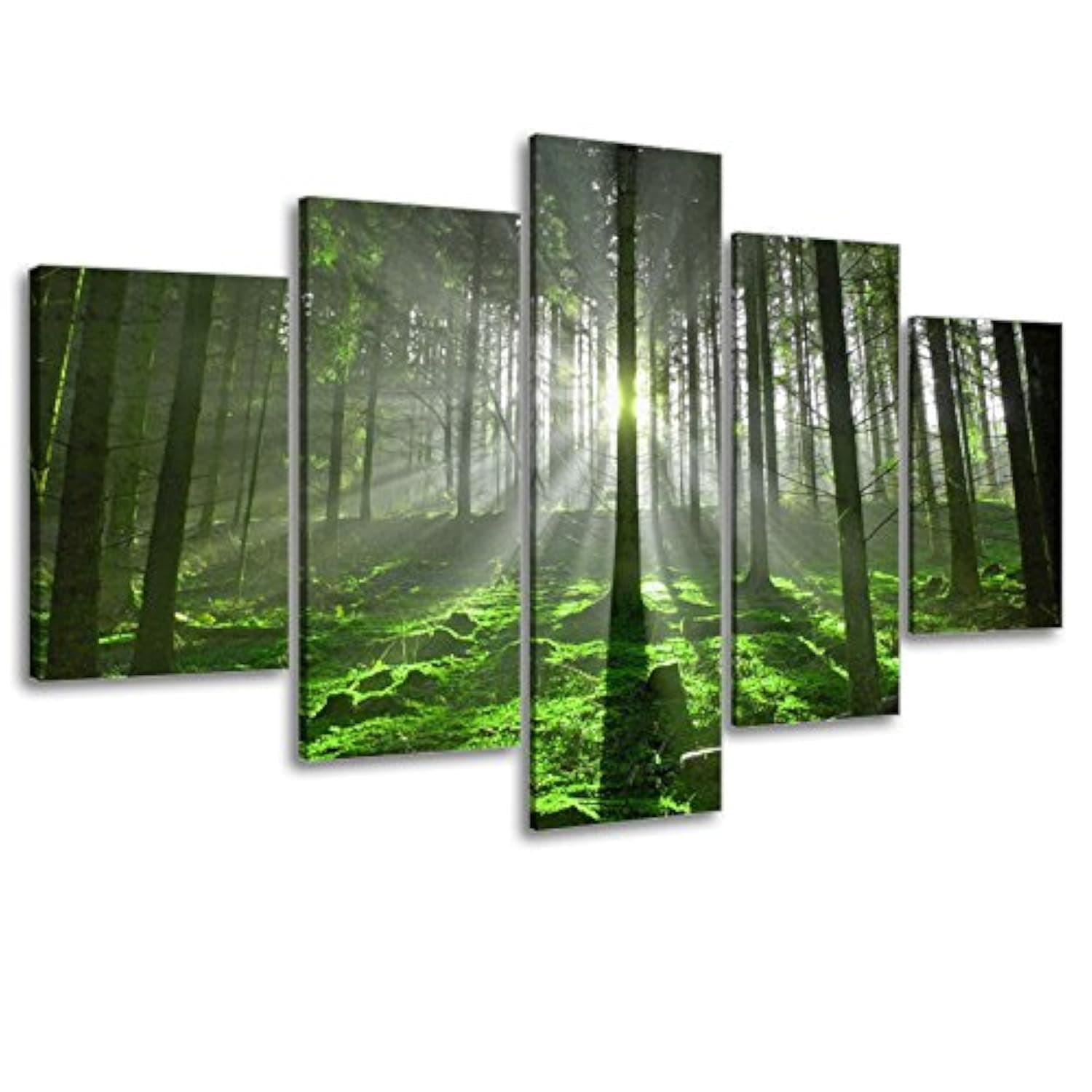 5 Panel Forest Wall Art for Office Decor, SZ Fantastic Spring Morning Sunrise Picture Canvas Prints of Nice Sunshine Peeking Through Rainforest (Waterproof Artwork, 1" Thick, Bracket Mounted, Large)