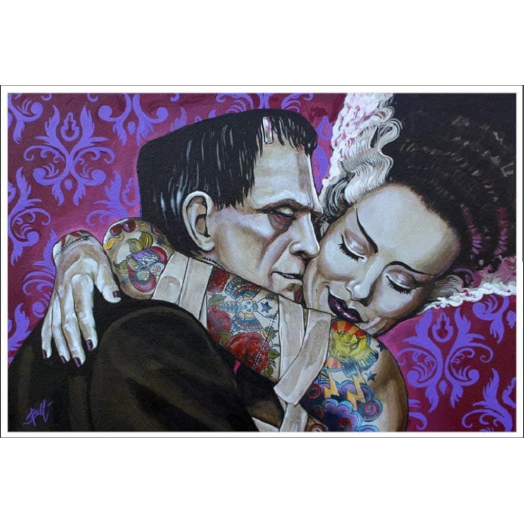 Undying Love by Mike Bell Bride of Frankenstein Monster Lovers Art Print Semi-Gloss Paper, Monster Art, Horror Art, Proudly Made in the USA, 18x12 Size
